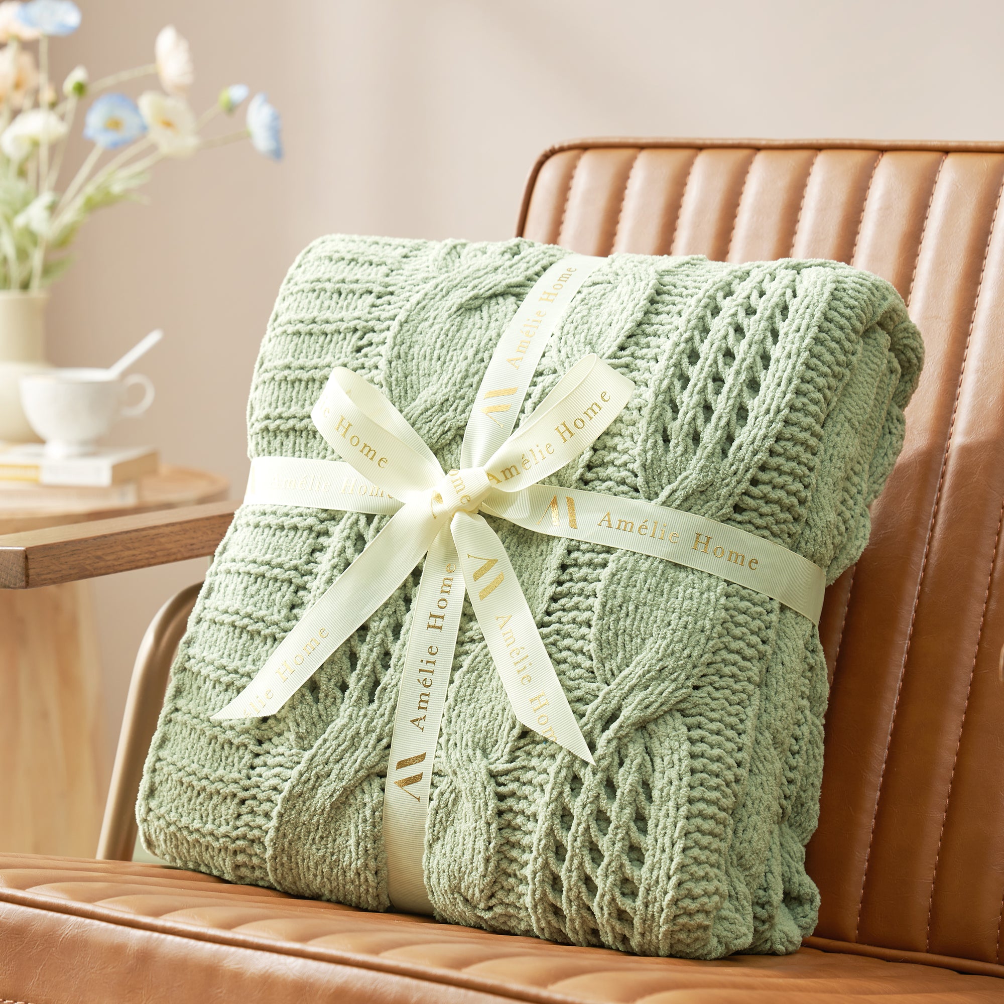 Cable Knitted Throw Blanket-Sage Green