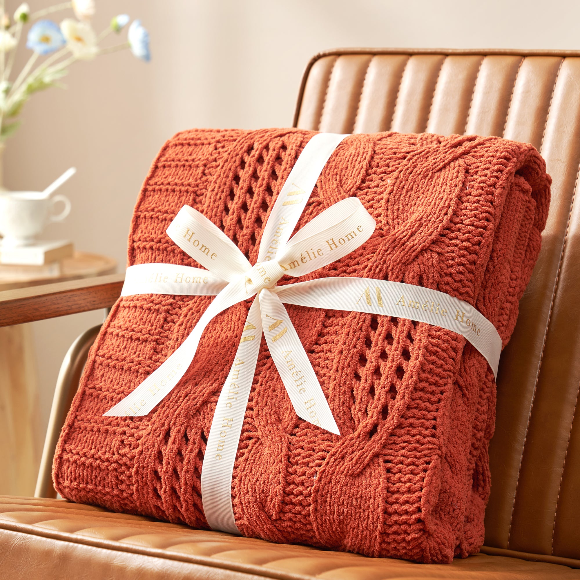 Cable Knitted Throw Blanket - Cable Orange