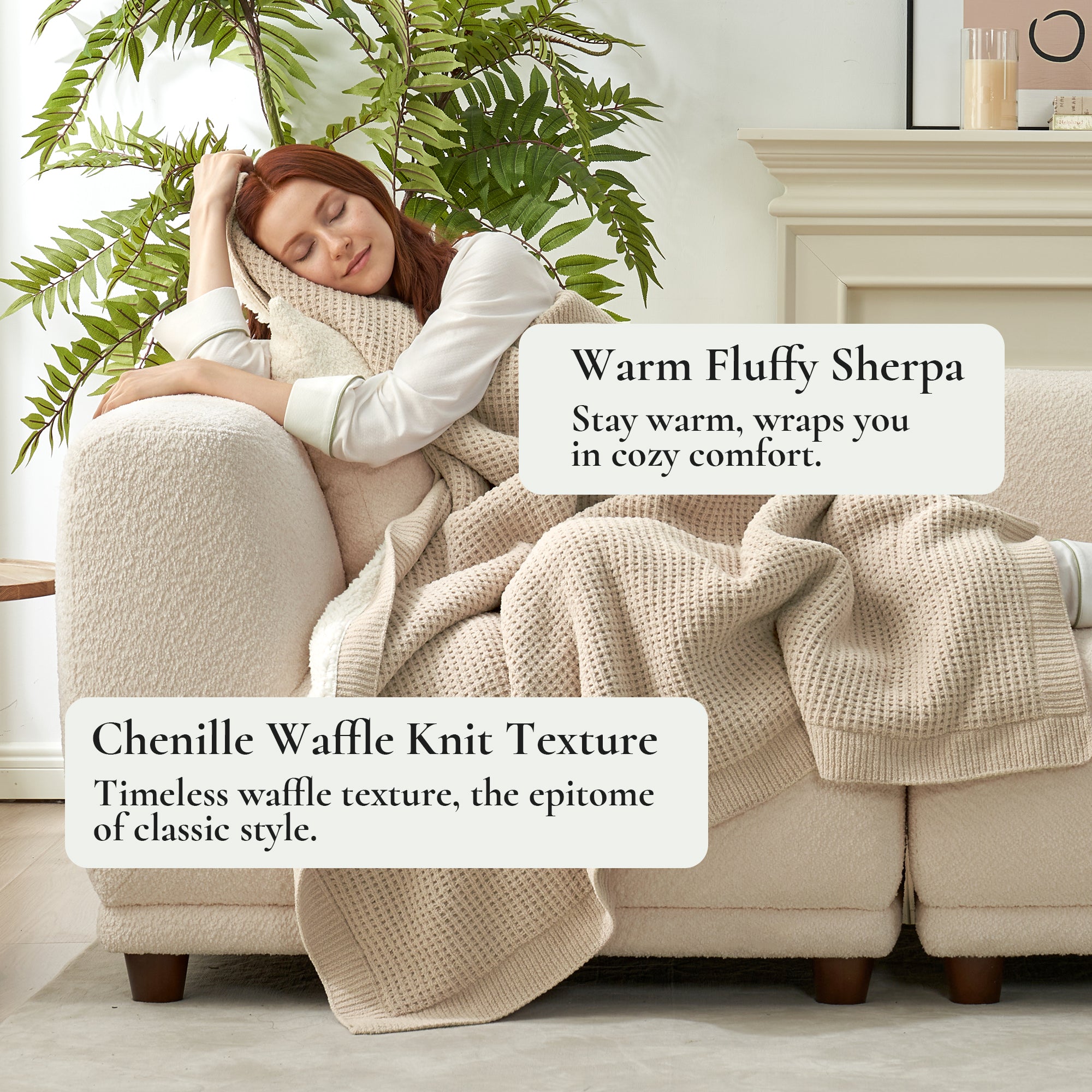 Chenille Waffle Weave Sherpa Fleece Reversible Throw Blanket-Beige