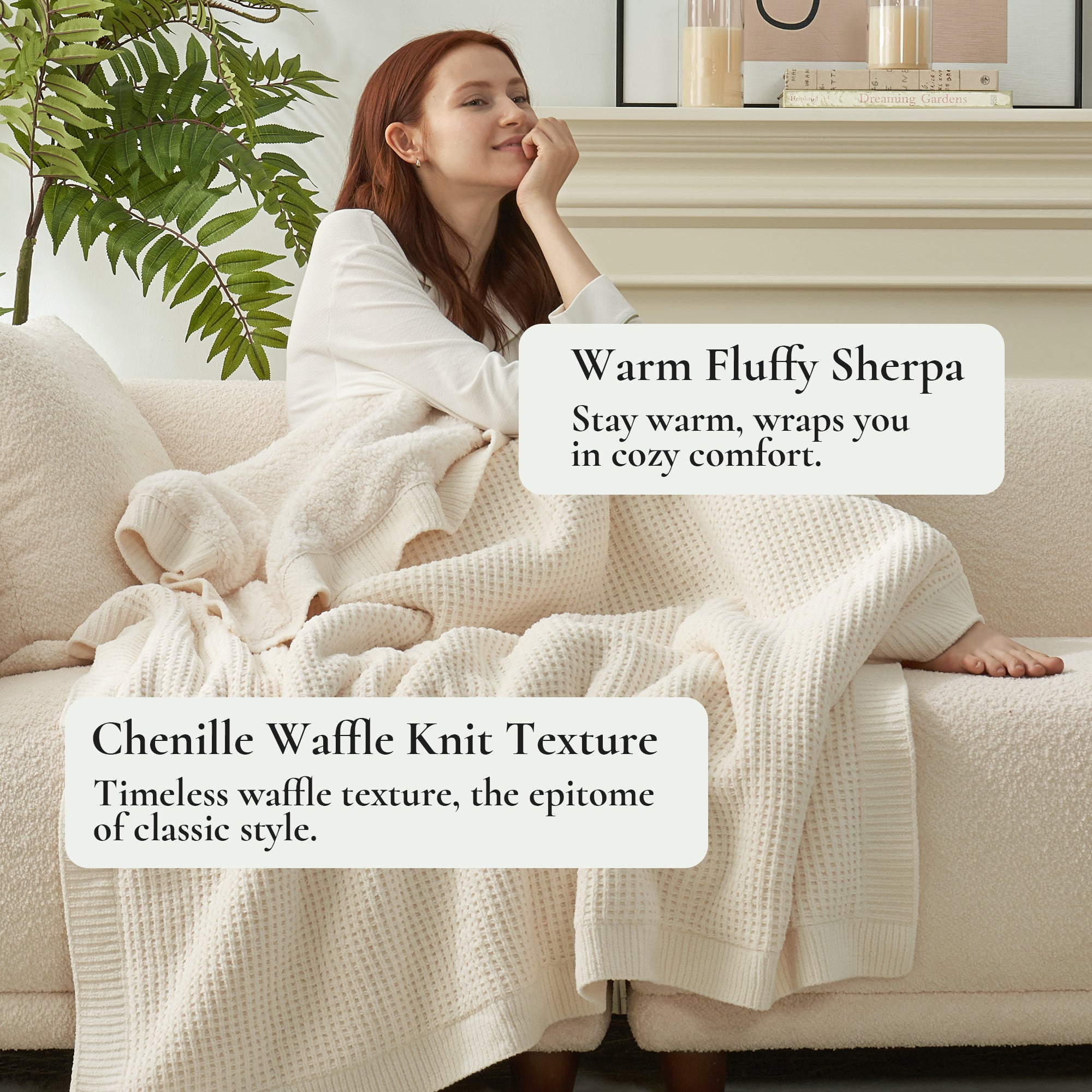 Chenille Waffle Weave Sherpa Fleece Reversible Throw Blanket-ivory