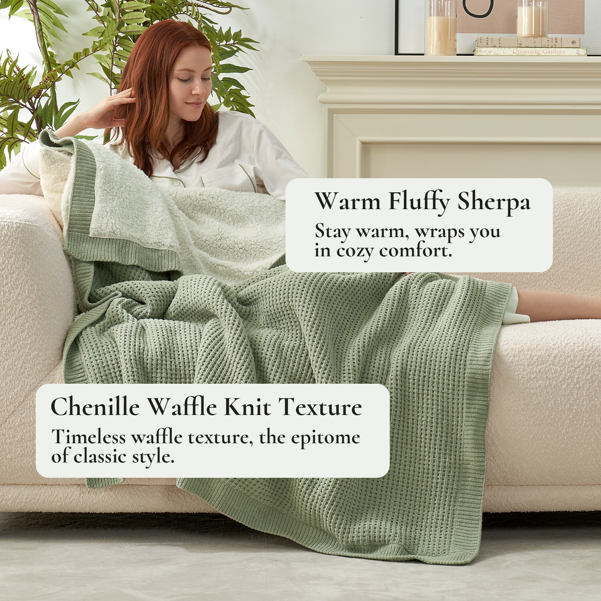 Chenille Waffle Weave Sherpa Fleece Reversible Throw Blanket-sage green