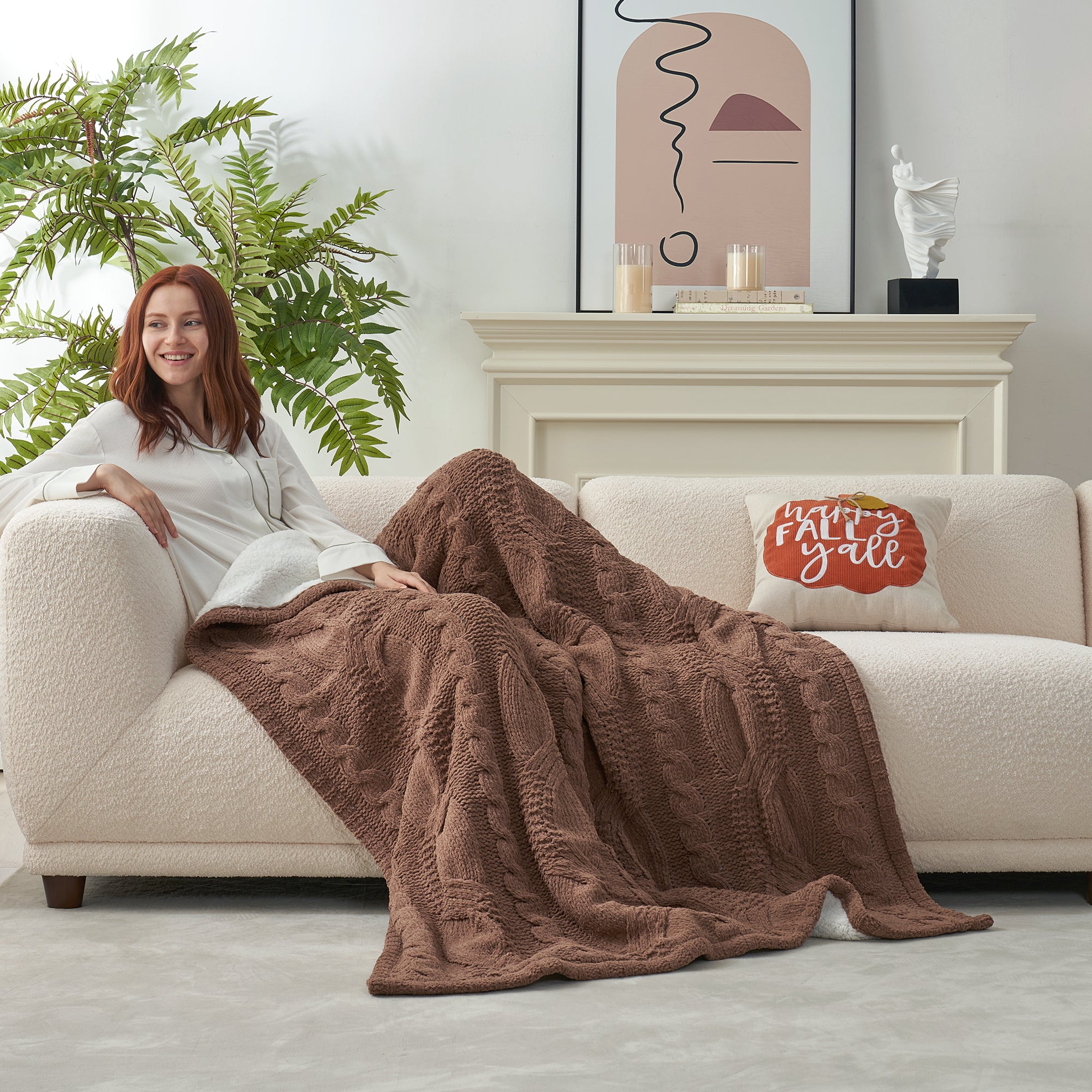 Reversible Chenille Sherpa Cable Knit Throw Blanket-Brown