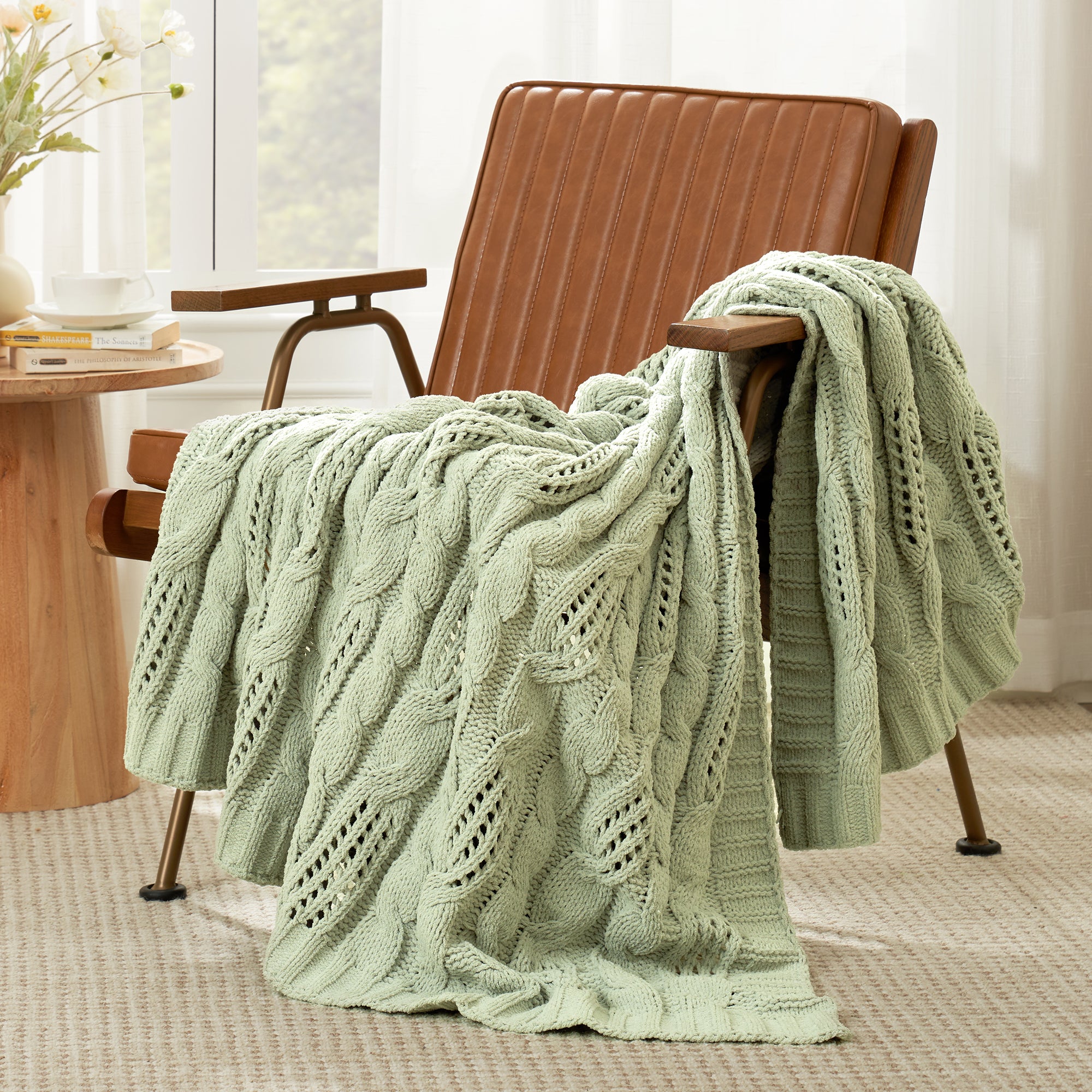 Cable Knitted Throw Blanket-Sage Green