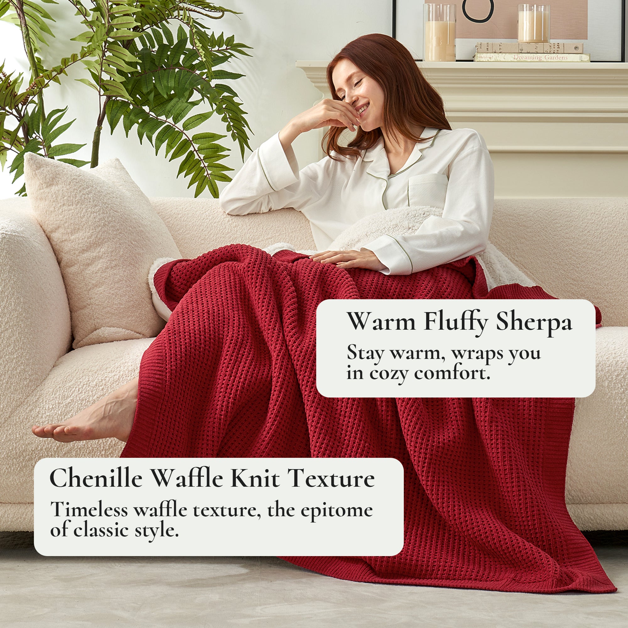 Chenille Waffle Weave Sherpa Fleece Reversible Throw Blanket-red