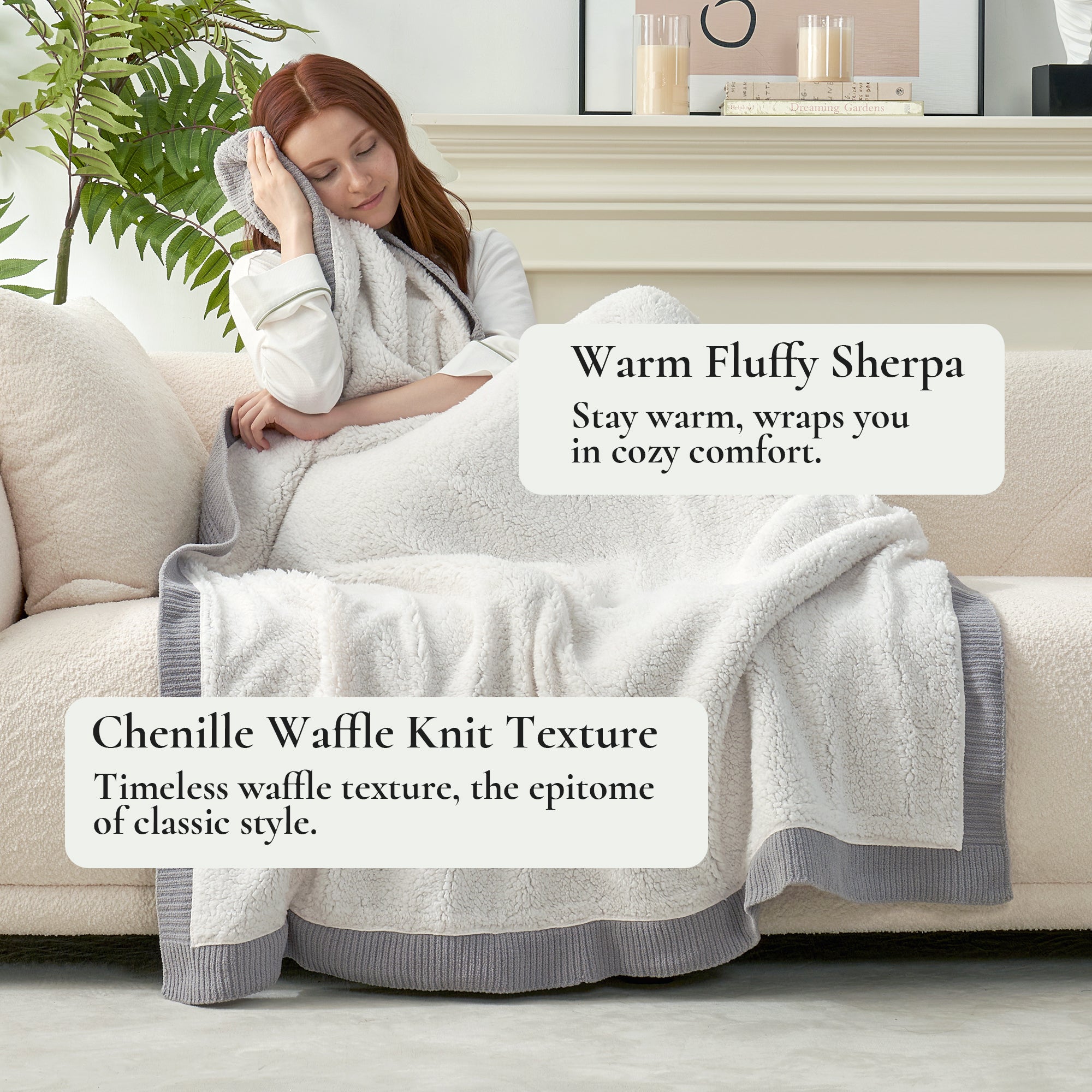 Chenille Waffle Weave Sherpa Fleece Reversible Throw Blanket-grey