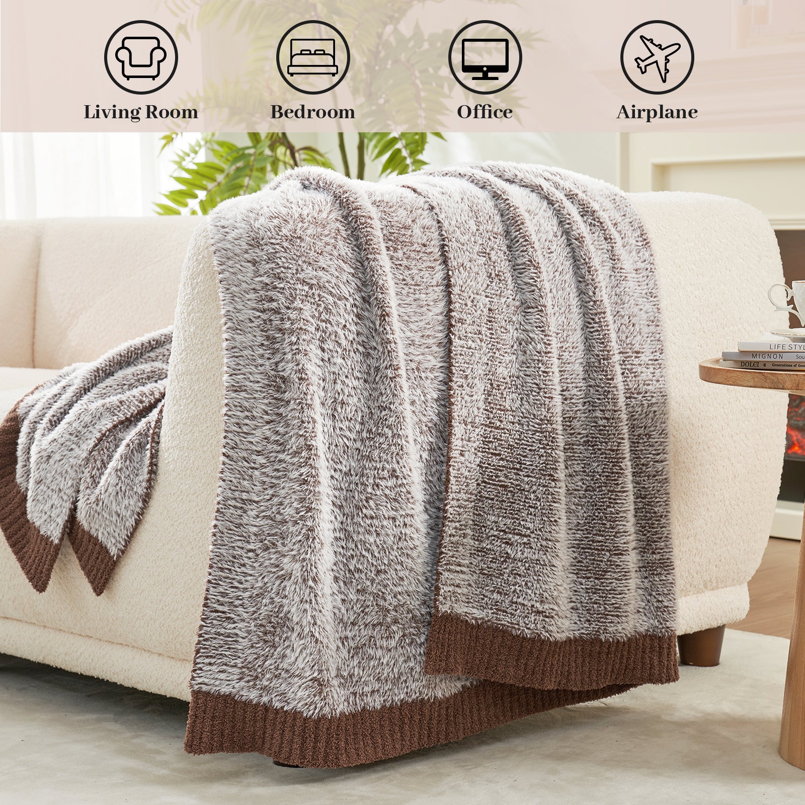 Amélie Home Super Soft Faux Fur Feather Yarn Throw Blankets-Heather Brown