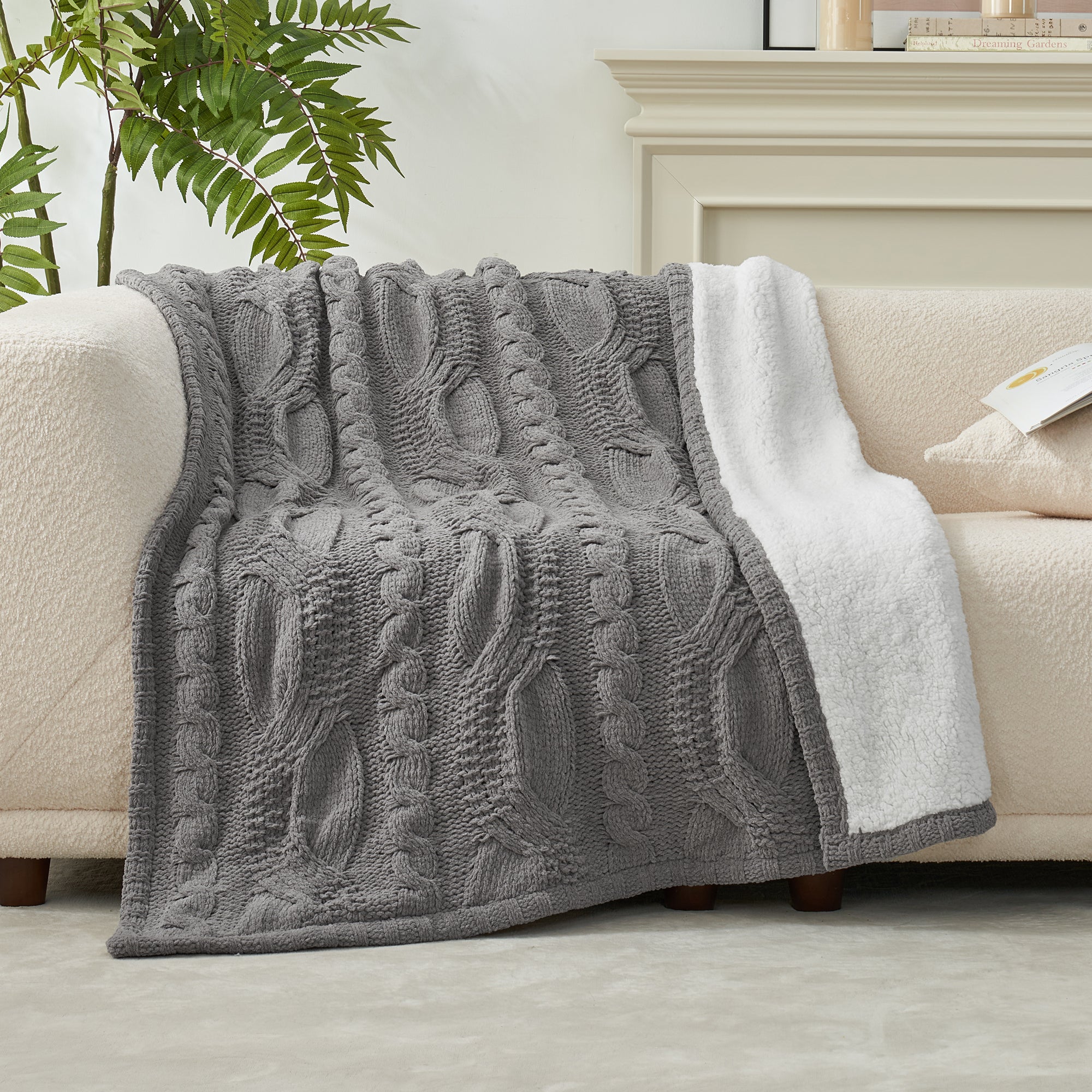 Reversible Chenille Sherpa Cable Knit Throw Blanket-Gray