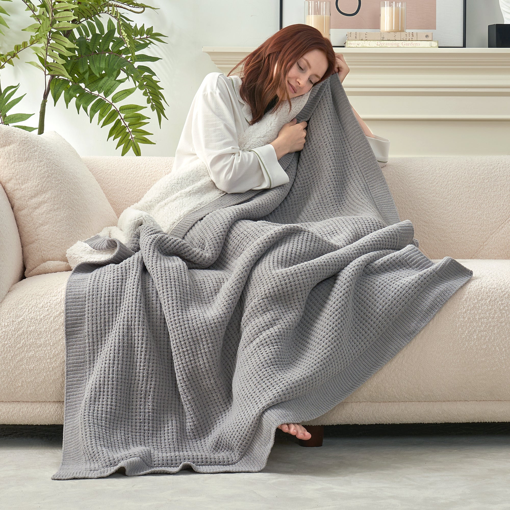 Chenille Waffle Weave Sherpa Fleece Reversible Throw Blanket-grey