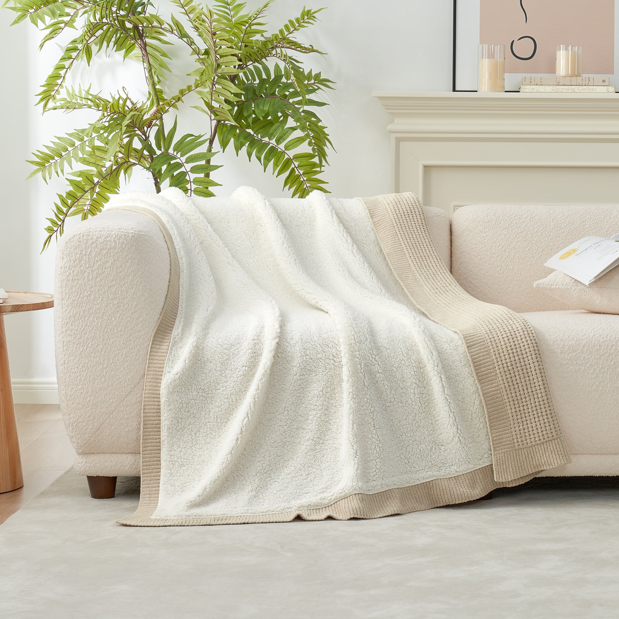 Chenille Waffle Weave Sherpa Fleece Reversible Throw Blanket-Beige