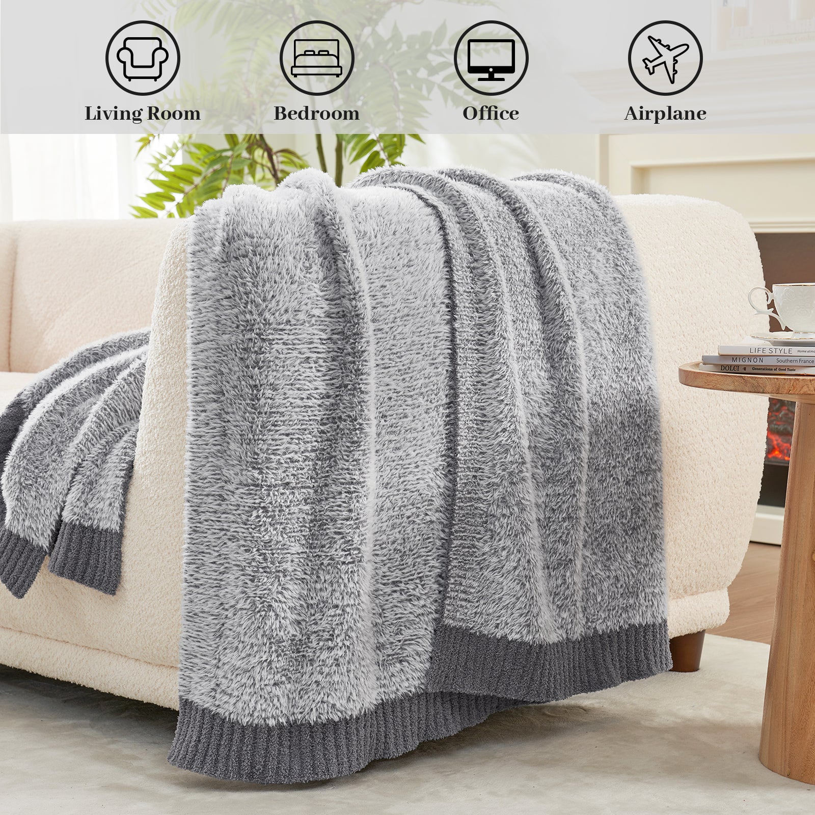 Amélie Home Super Soft Faux Fur Feather Yarn Throw Blankets-Heather Grey