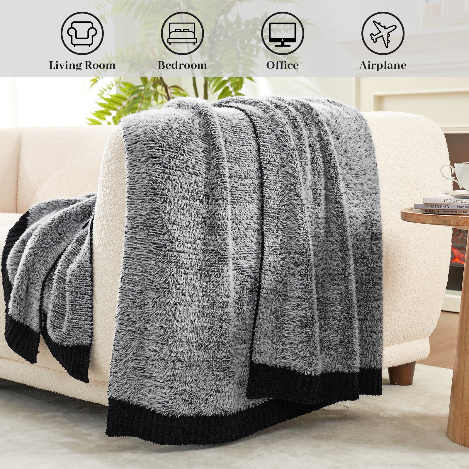 Amélie Home Super Soft Faux Fur Feather Yarn Throw Blankets-Heather Black