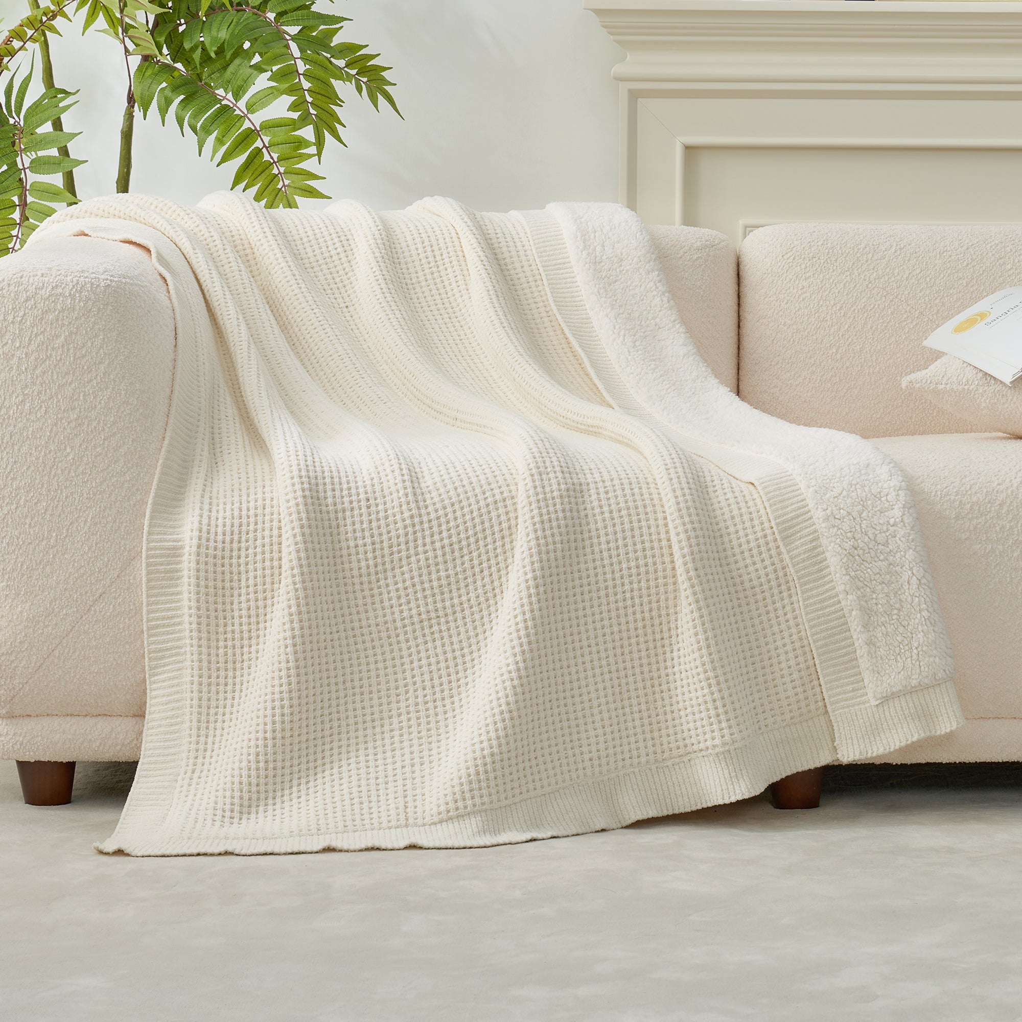 Chenille Waffle Weave Sherpa Fleece Reversible Throw Blanket-ivory