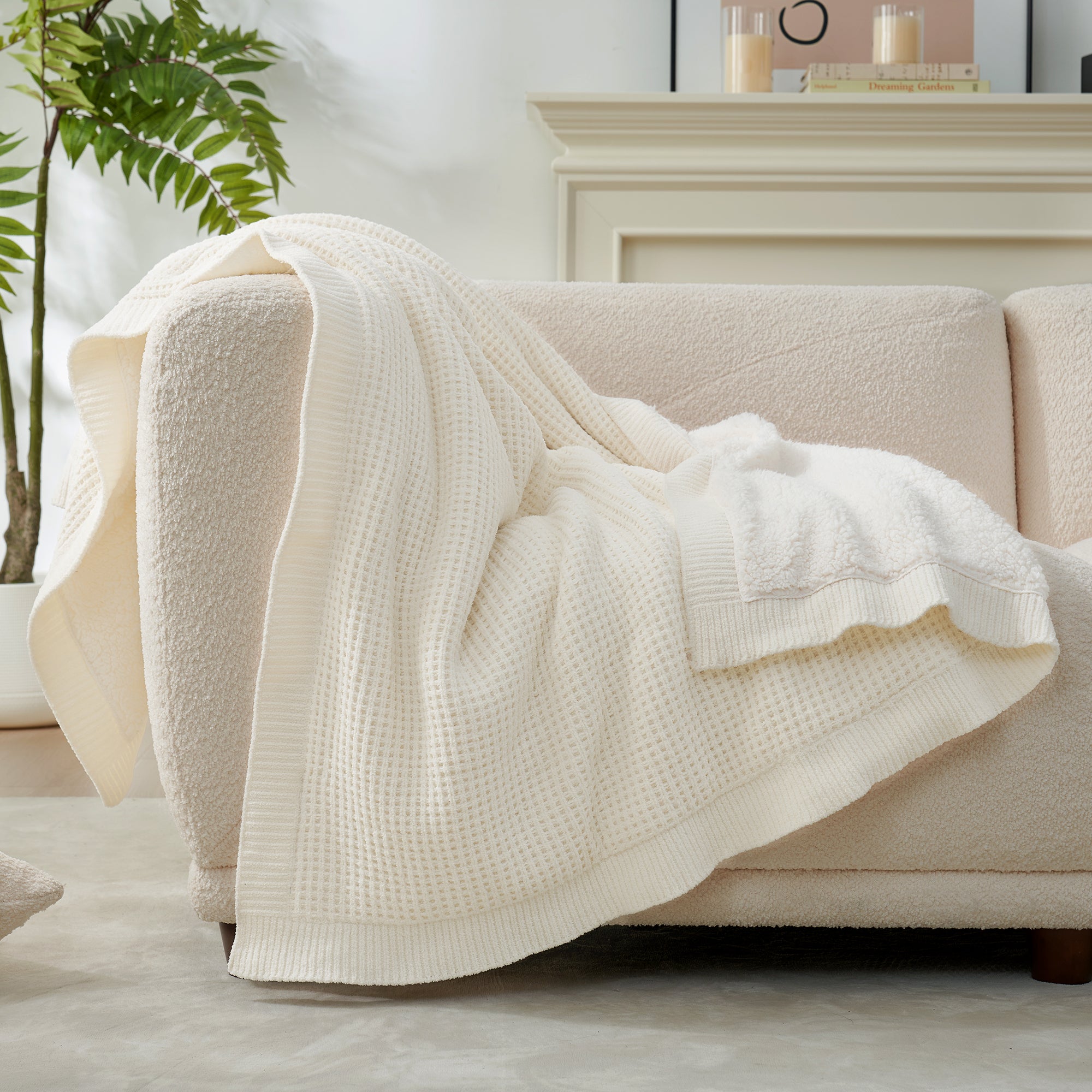 Chenille Waffle Weave Sherpa Fleece Reversible Throw Blanket-ivory