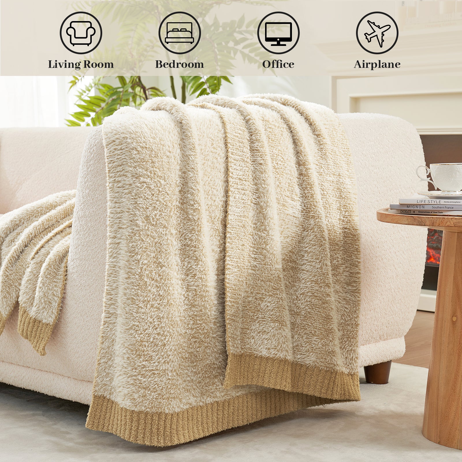 Amélie Home Super Soft Faux Fur Feather Yarn Throw Blankets-Heather Beige