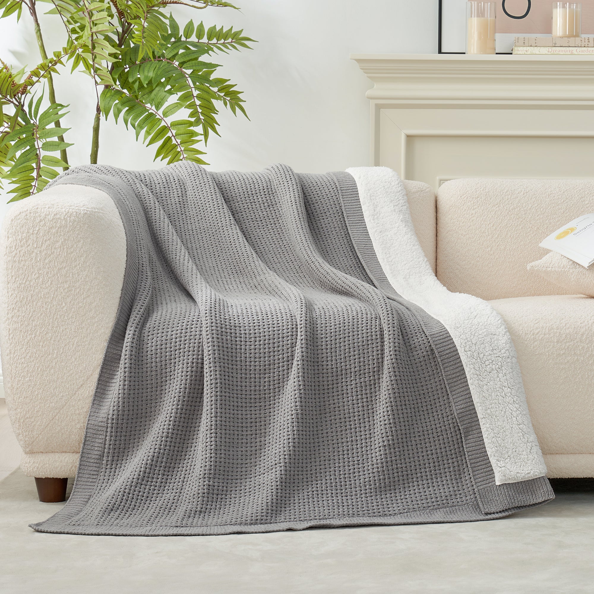 Chenille Waffle Weave Sherpa Fleece Reversible Throw Blanket-grey