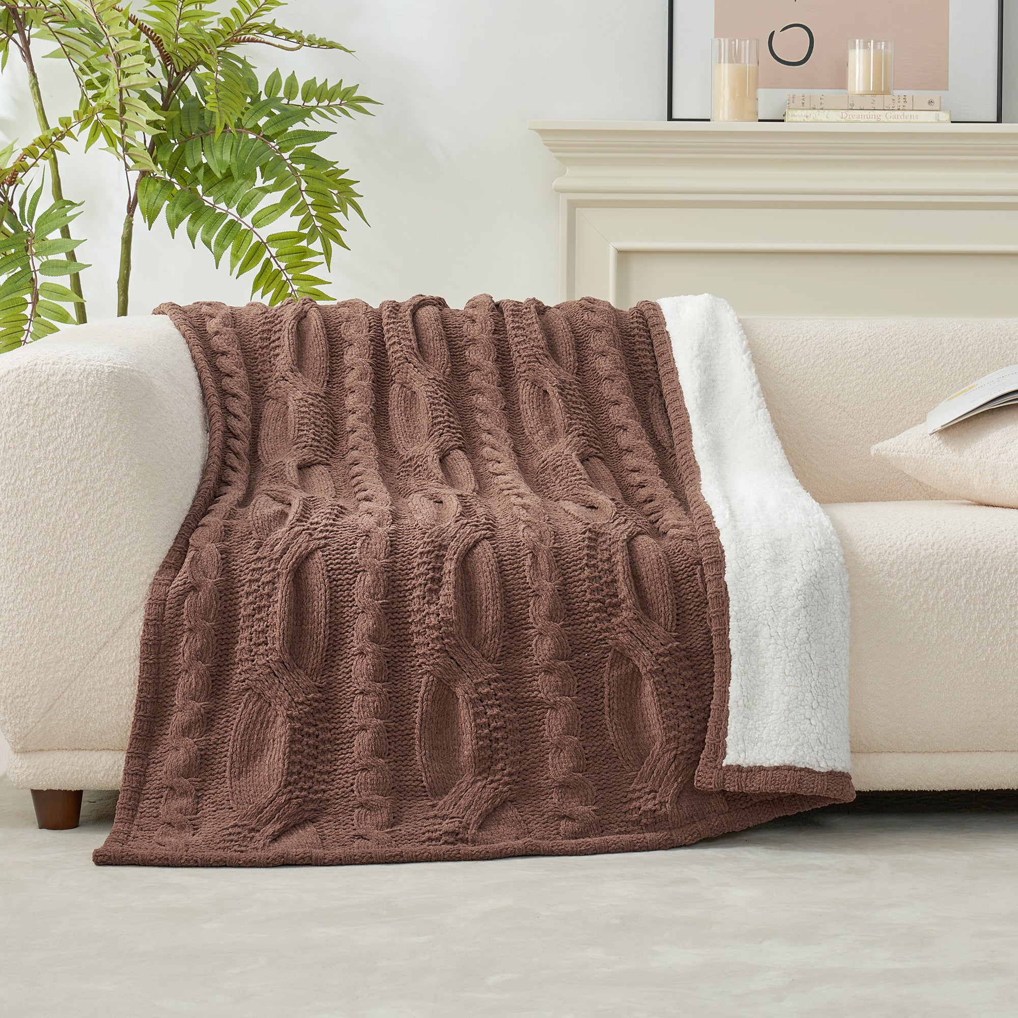 Reversible Chenille Sherpa Cable Knit Throw Blanket-Brown