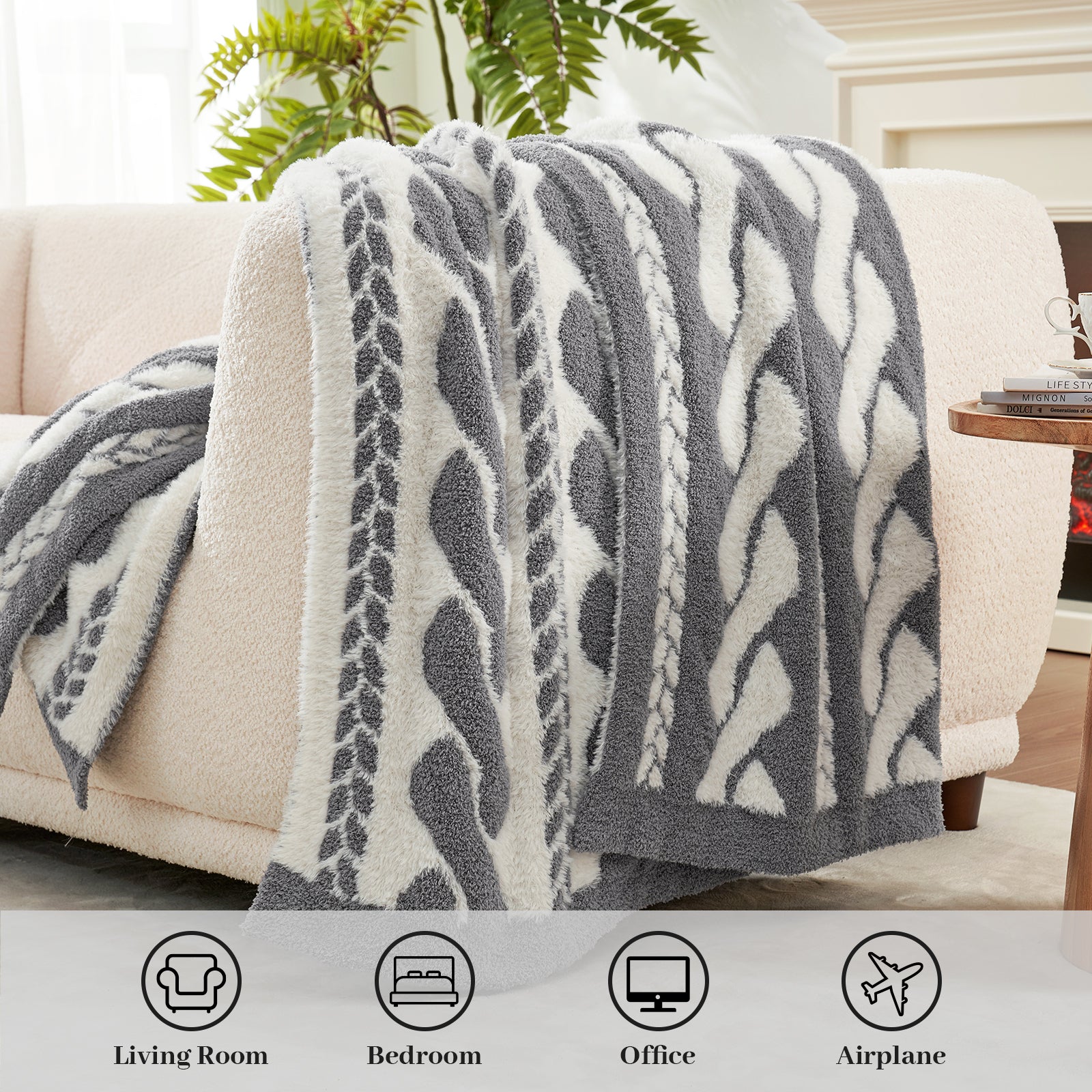 Amélie Home Double Sided Comfy Faux Fur Feather Yarn Throw Blankets-Cable Grey