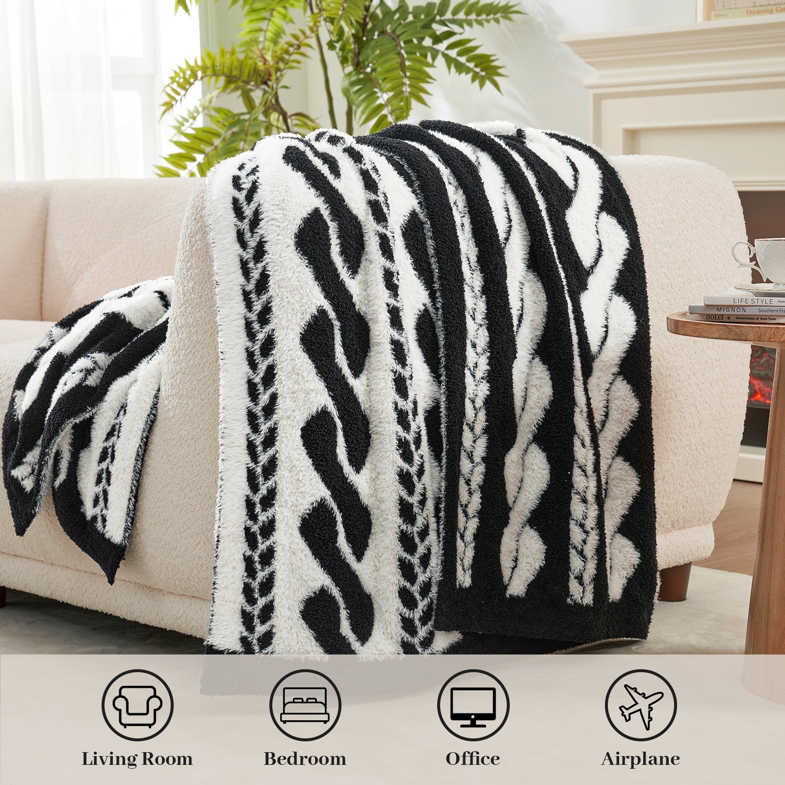 Amélie Home Double Sided Comfy Faux Fur Feather Yarn Throw Blankets-Cable Black