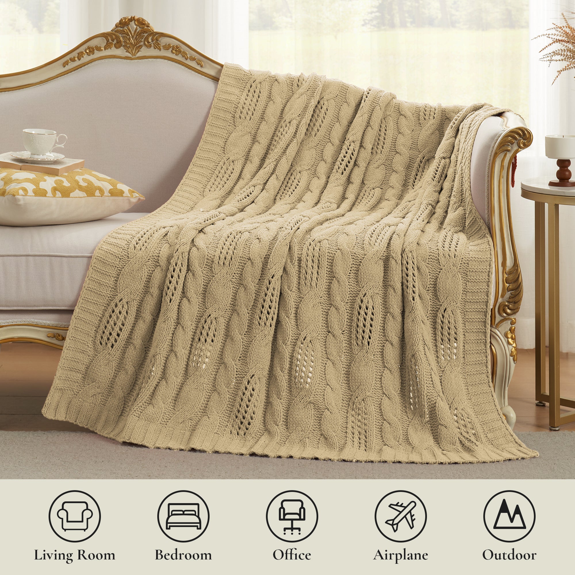 Cable Knitted Throw Blanket-Beige