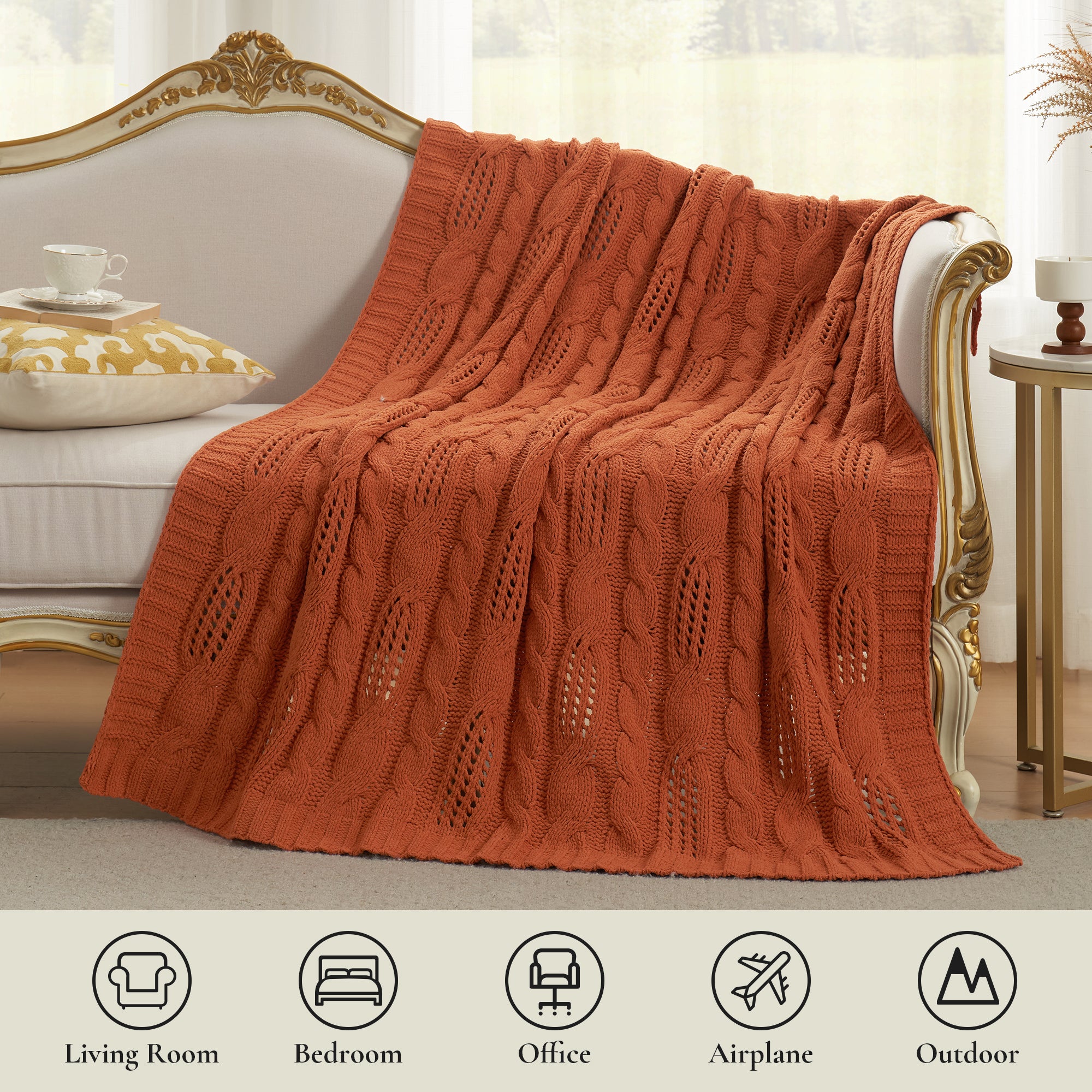 Cable Knitted Throw Blanket - Cable Orange