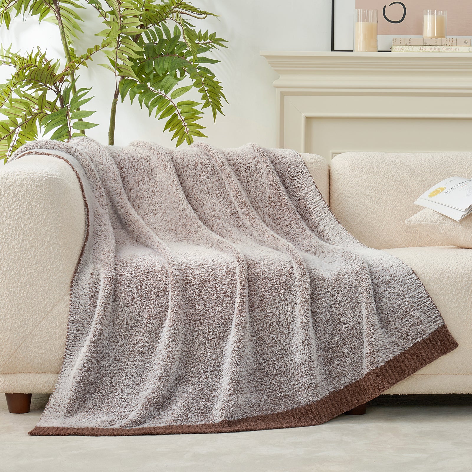 Amélie Home Super Soft Faux Fur Feather Yarn Throw Blankets-Heather Brown