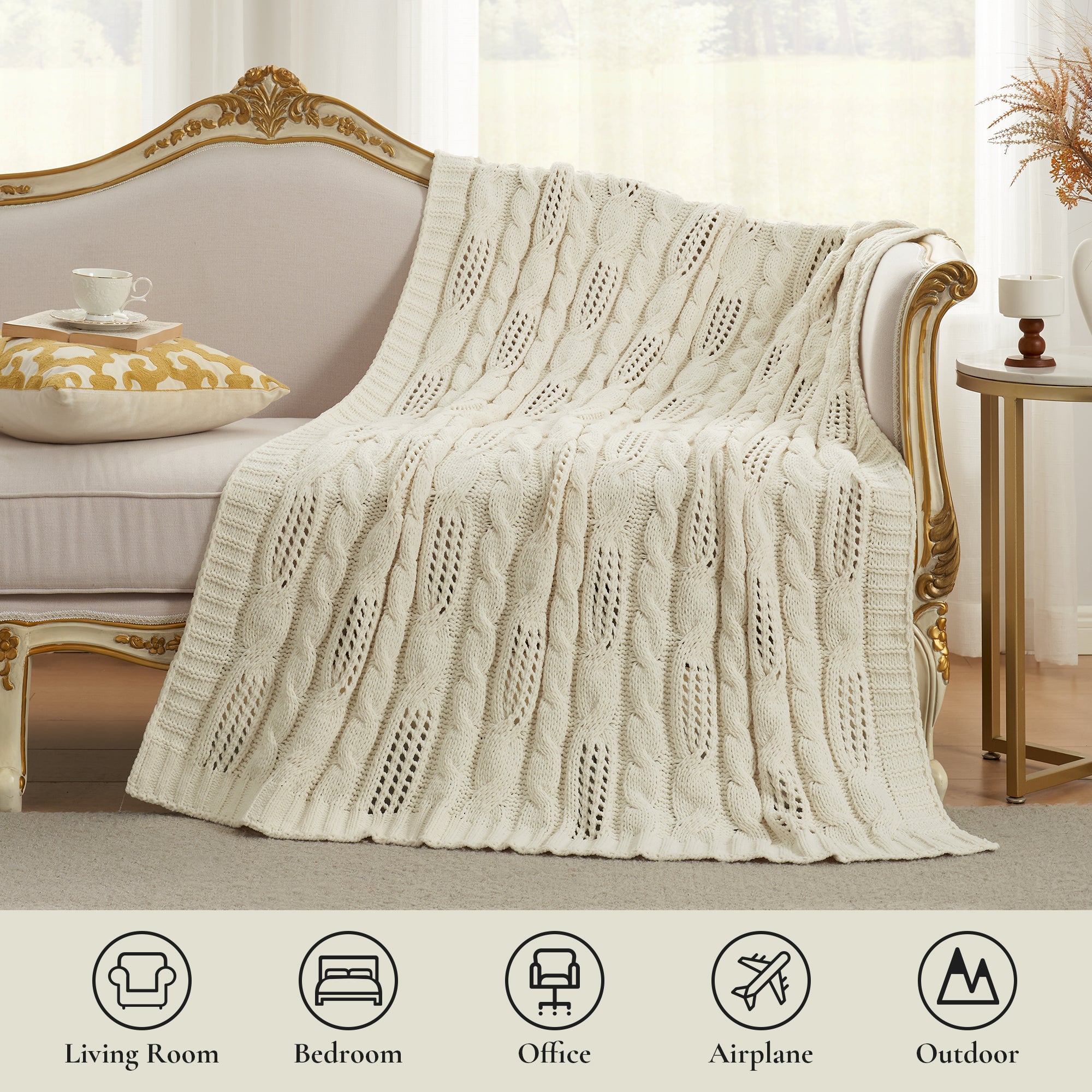 Cable Knitted Throw Blanket-Ivory