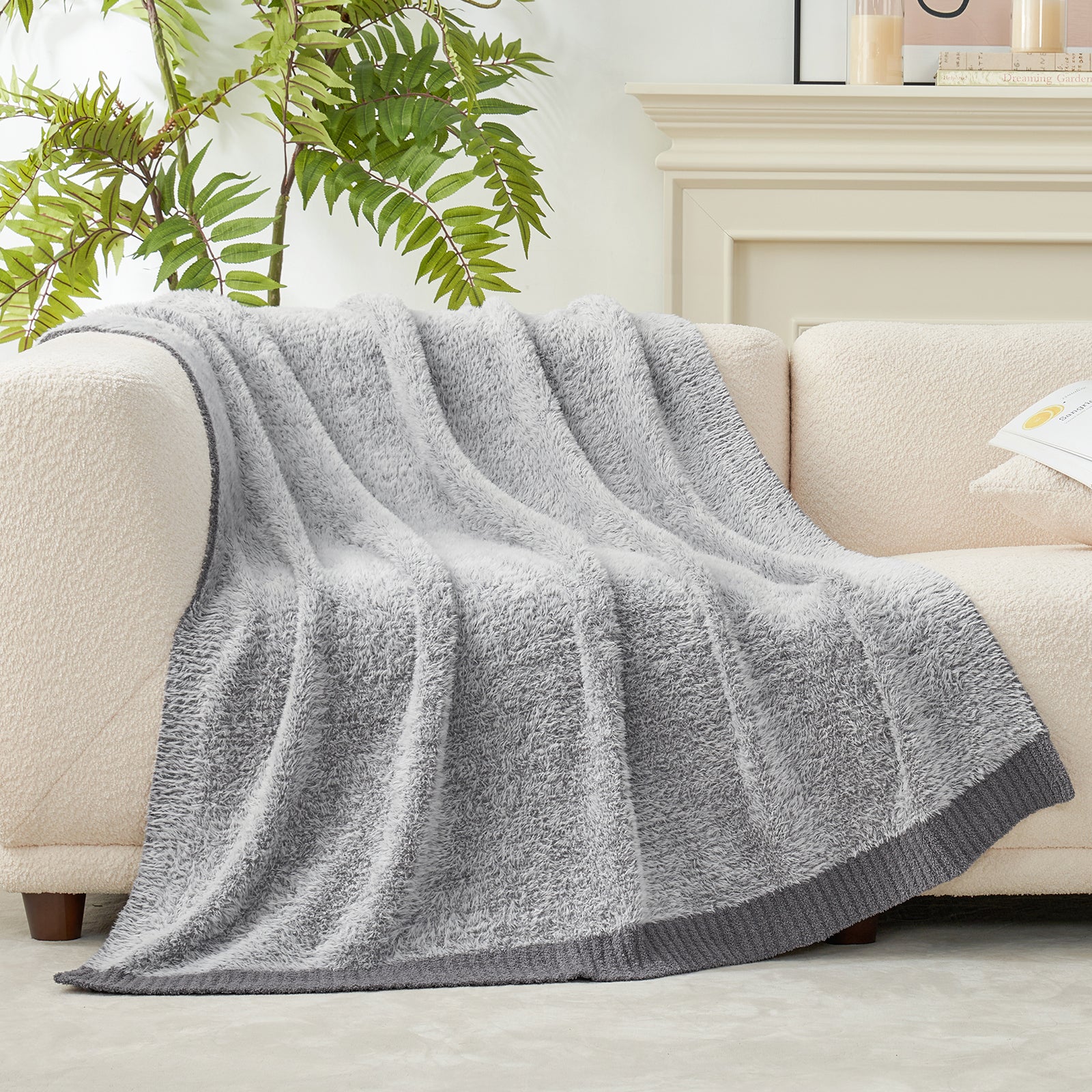 Amélie Home Super Soft Faux Fur Feather Yarn Throw Blankets-Heather Grey