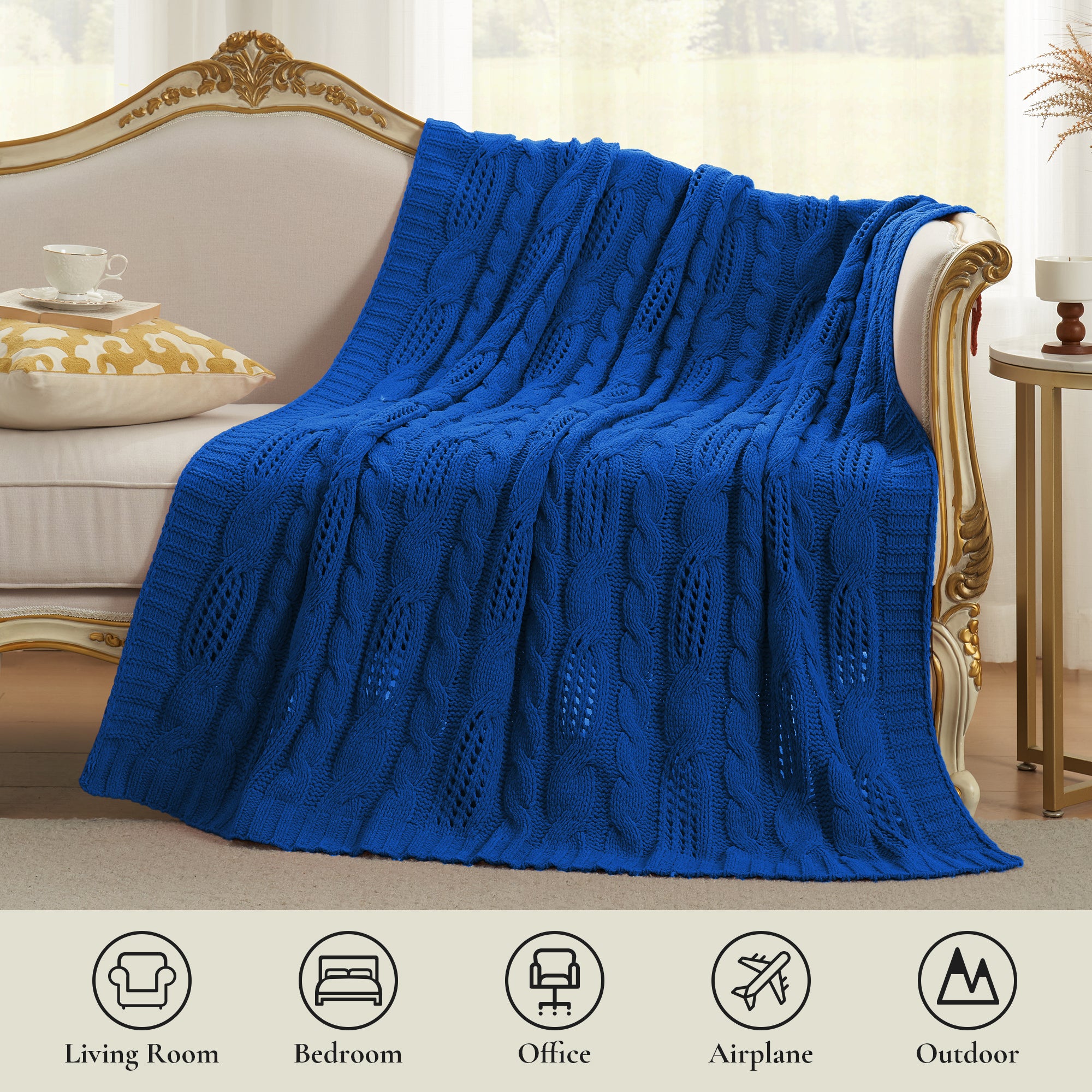 Cable Knitted Throw Blanket-Blue