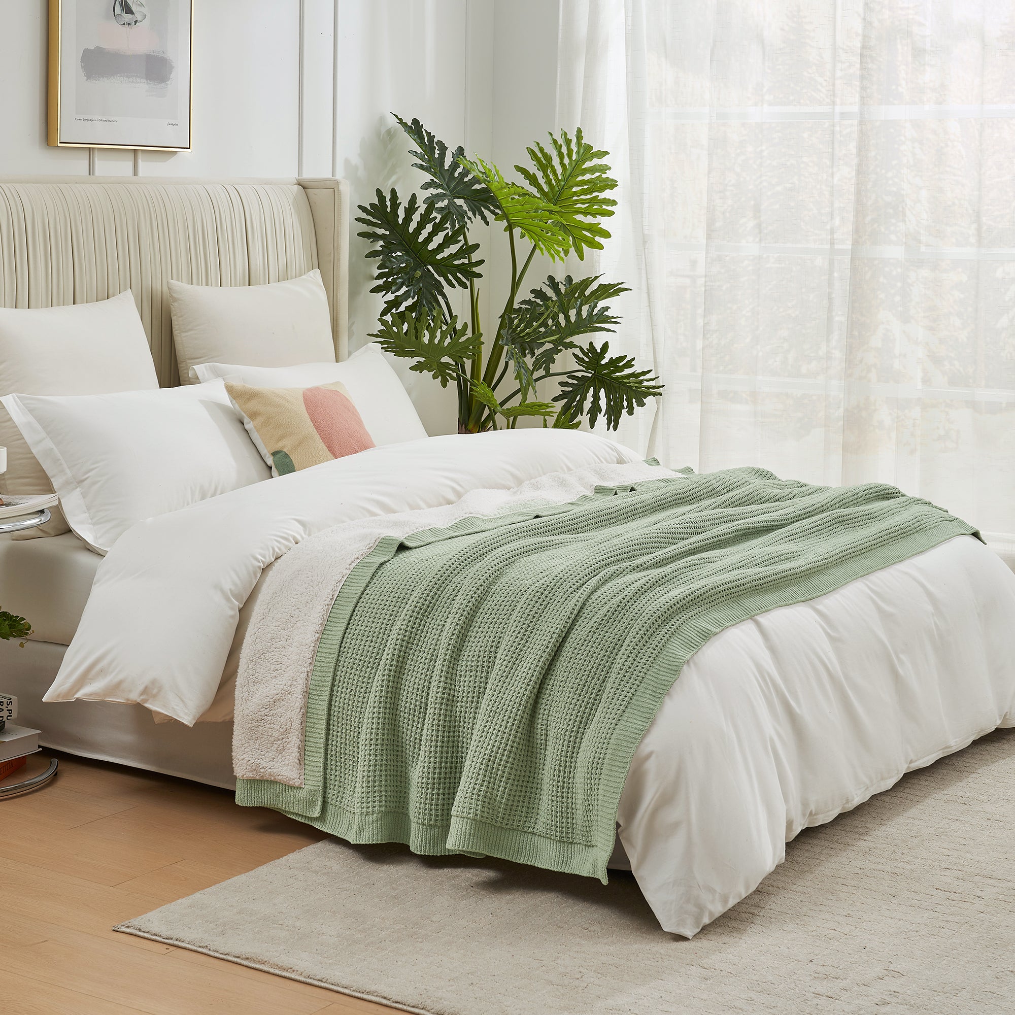 Chenille Waffle Weave Sherpa Fleece Reversible Throw Blanket-sage green