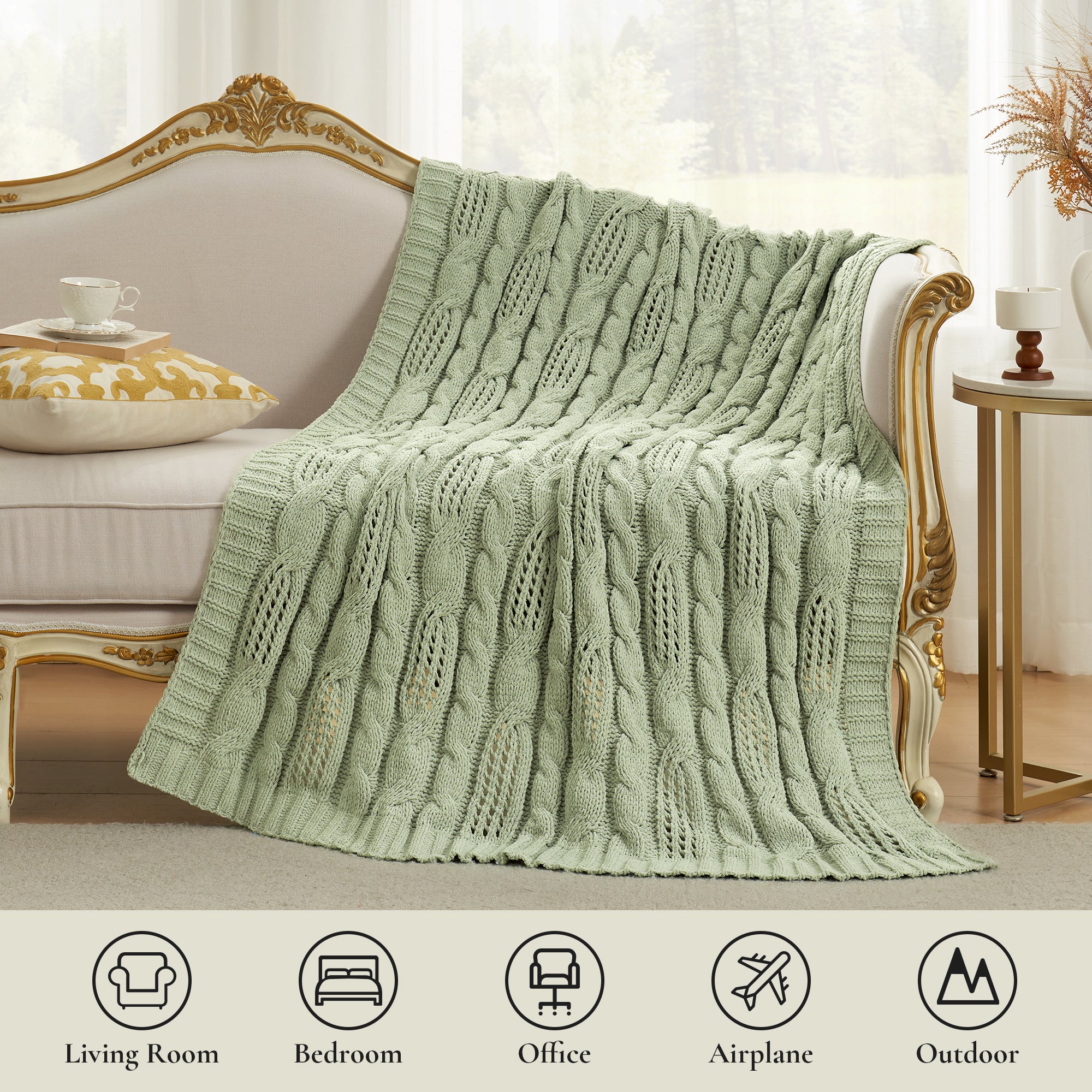 Cable Knitted Throw Blanket-Sage Green