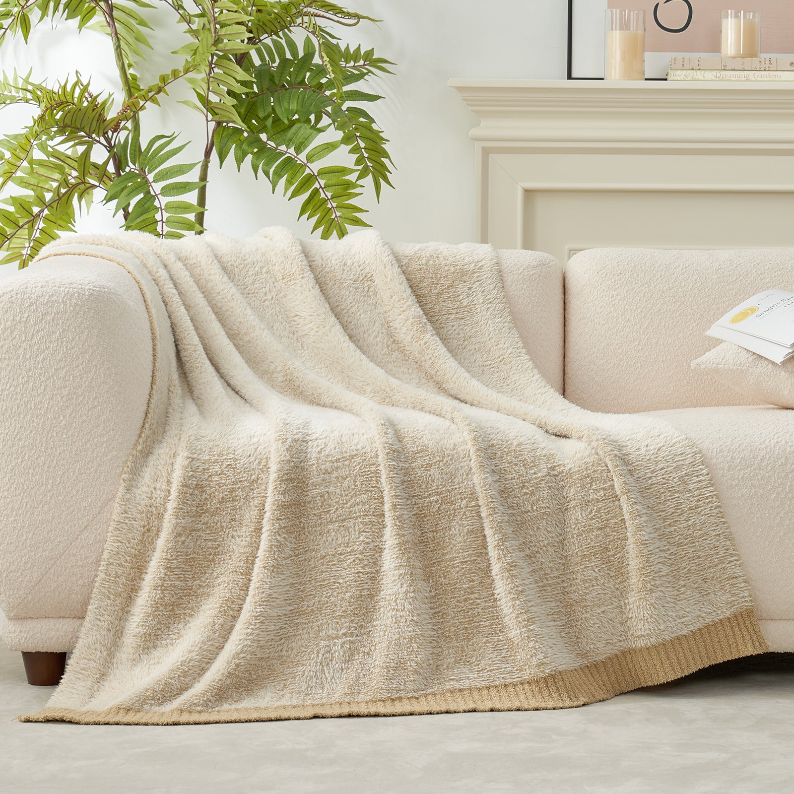 Amélie Home Super Soft Faux Fur Feather Yarn Throw Blankets-Heather Beige