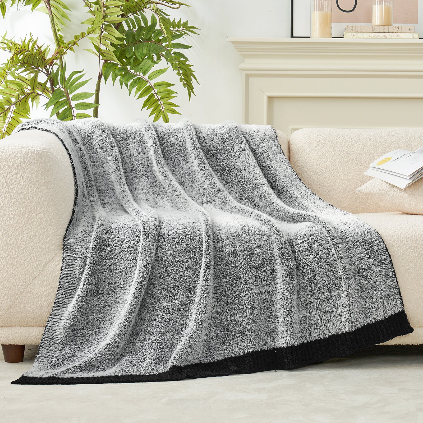 Amélie Home Super Soft Faux Fur Feather Yarn Throw Blankets-Heather Black