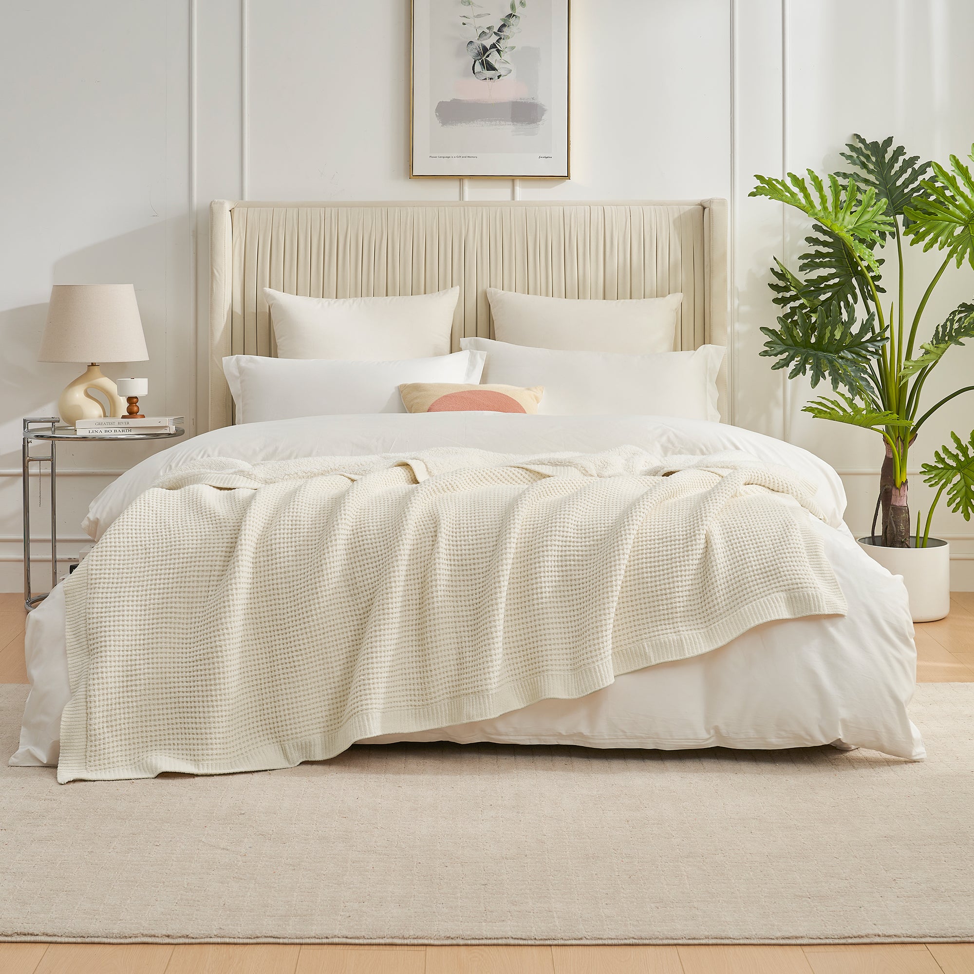 Chenille Waffle Weave Sherpa Fleece Reversible Throw Blanket-ivory