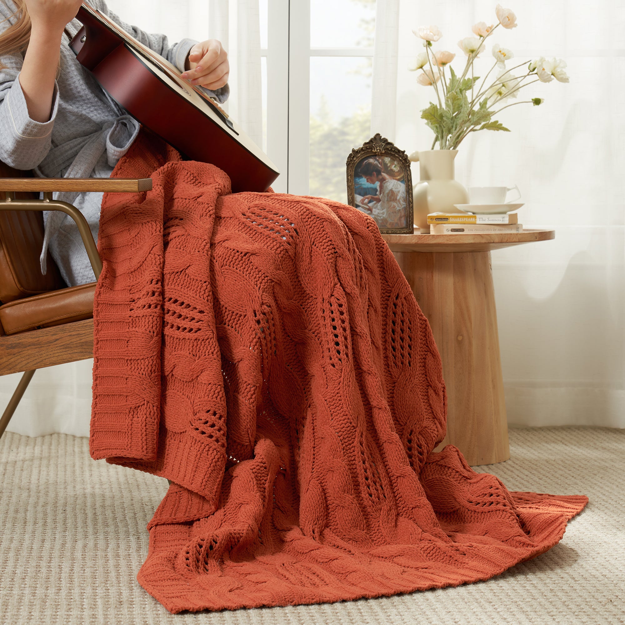 Cable Knitted Throw Blanket - Cable Orange