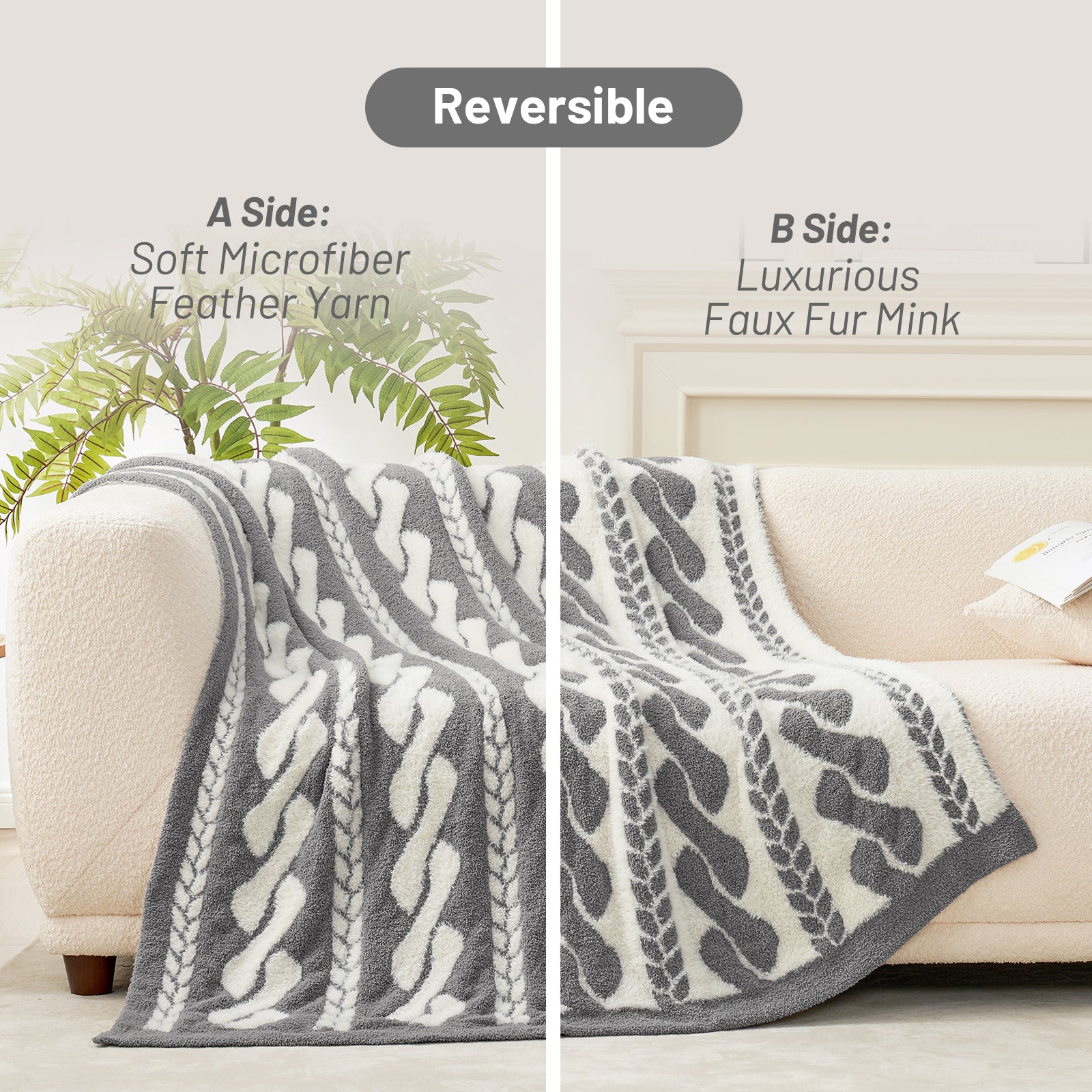 Amélie Home Double Sided Comfy Faux Fur Feather Yarn Throw Blankets-Cable Grey