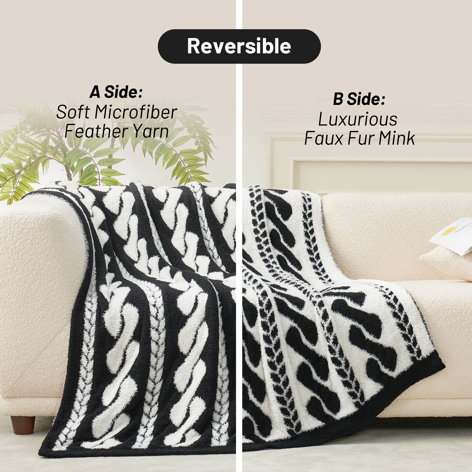 Amélie Home Double Sided Comfy Faux Fur Feather Yarn Throw Blankets-Cable Black