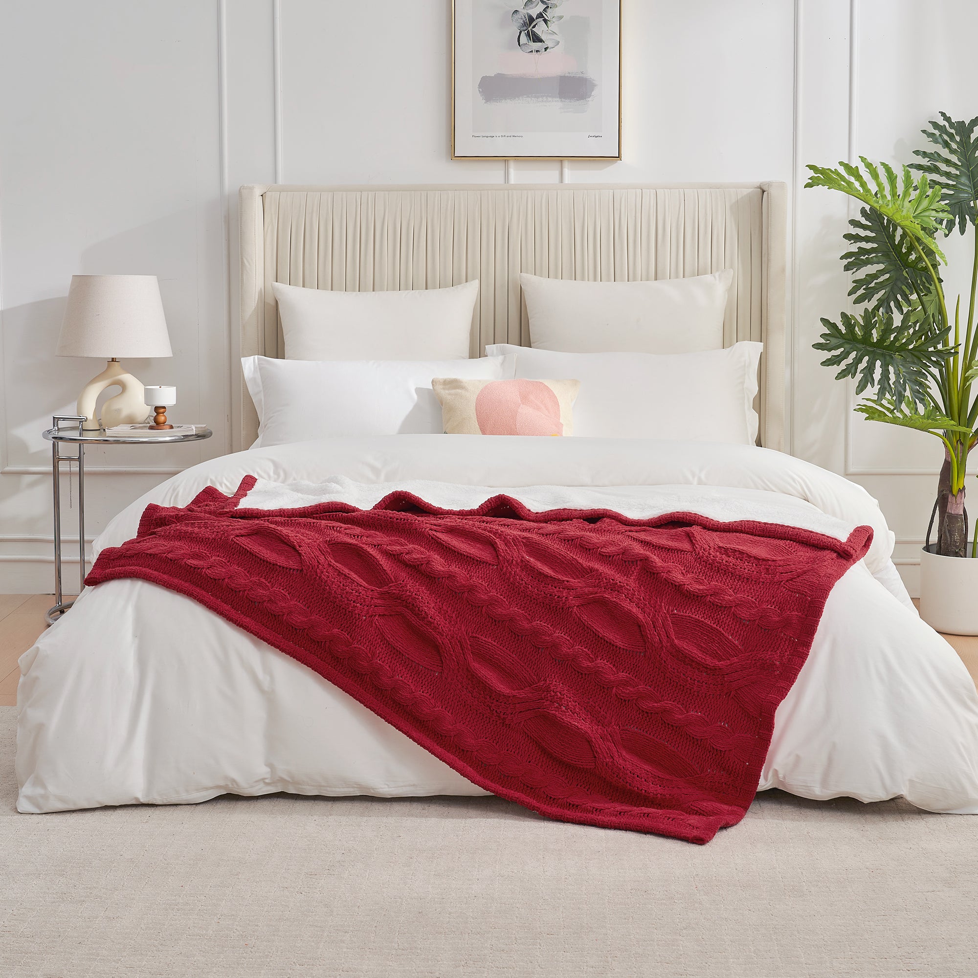 Reversible Chenille Sherpa Cable Knit Throw Blanket-Red