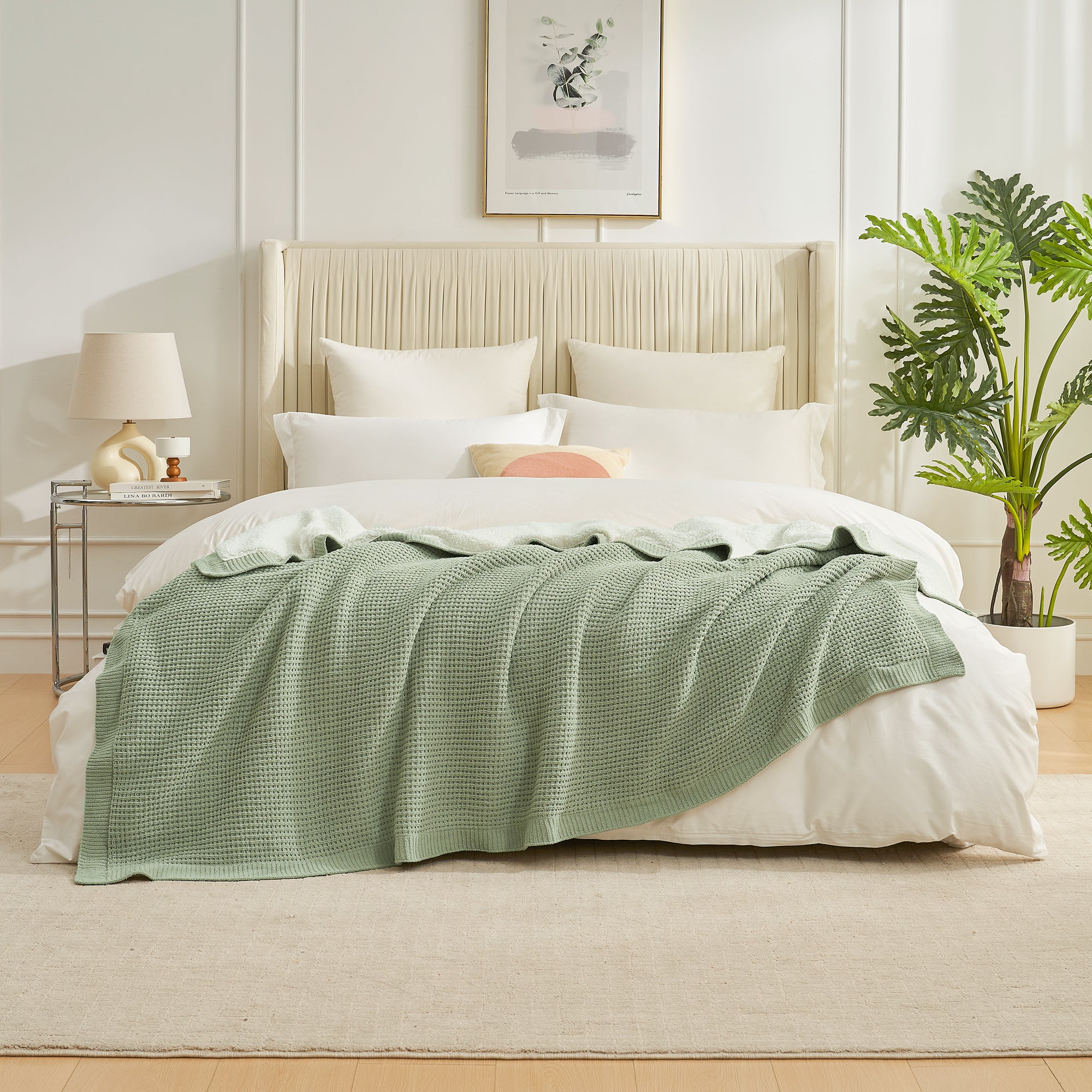 Chenille Waffle Weave Sherpa Fleece Reversible Throw Blanket-sage green