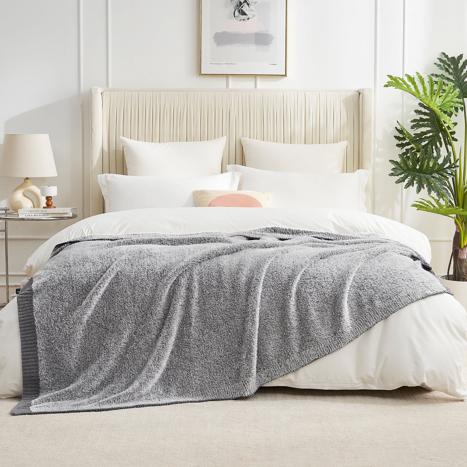 Amélie Home Super Soft Faux Fur Feather Yarn Throw Blankets-Heather Grey