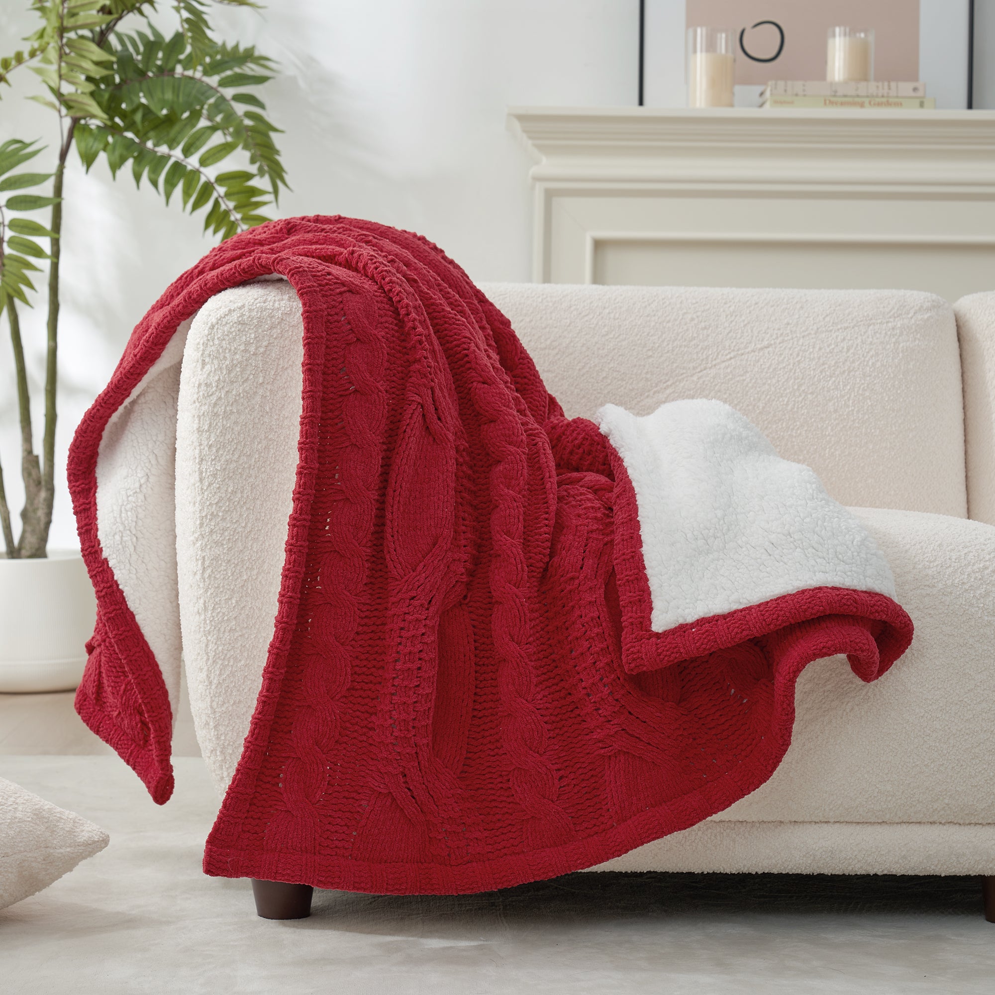 Reversible Chenille Sherpa Cable Knit Throw Blanket-Red