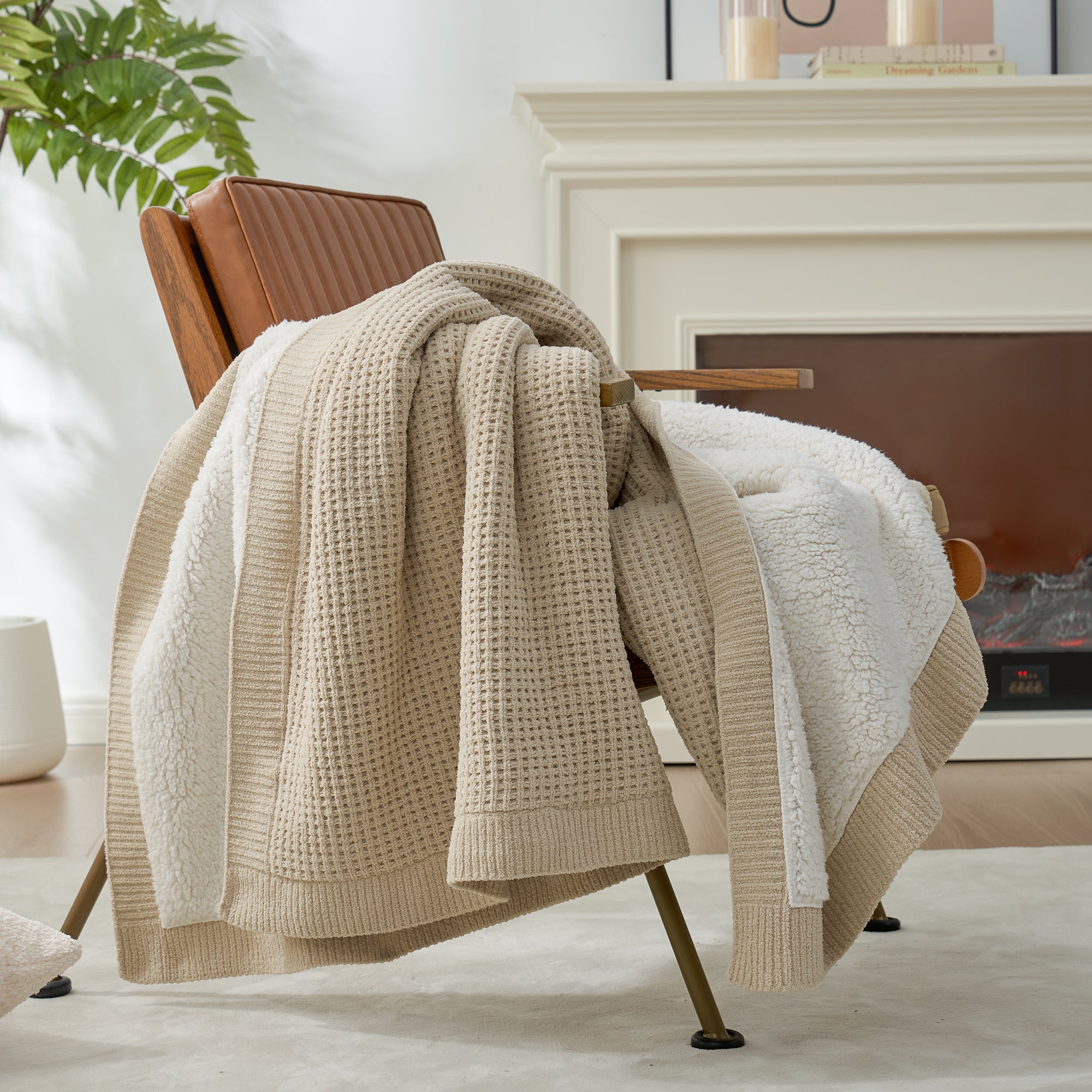 Chenille Waffle Weave Sherpa Fleece Reversible Throw Blanket-Beige