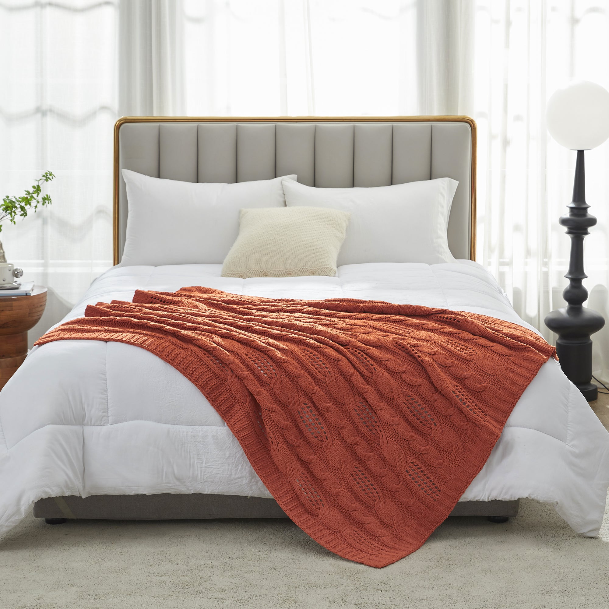 Cable Knitted Throw Blanket - Cable Orange