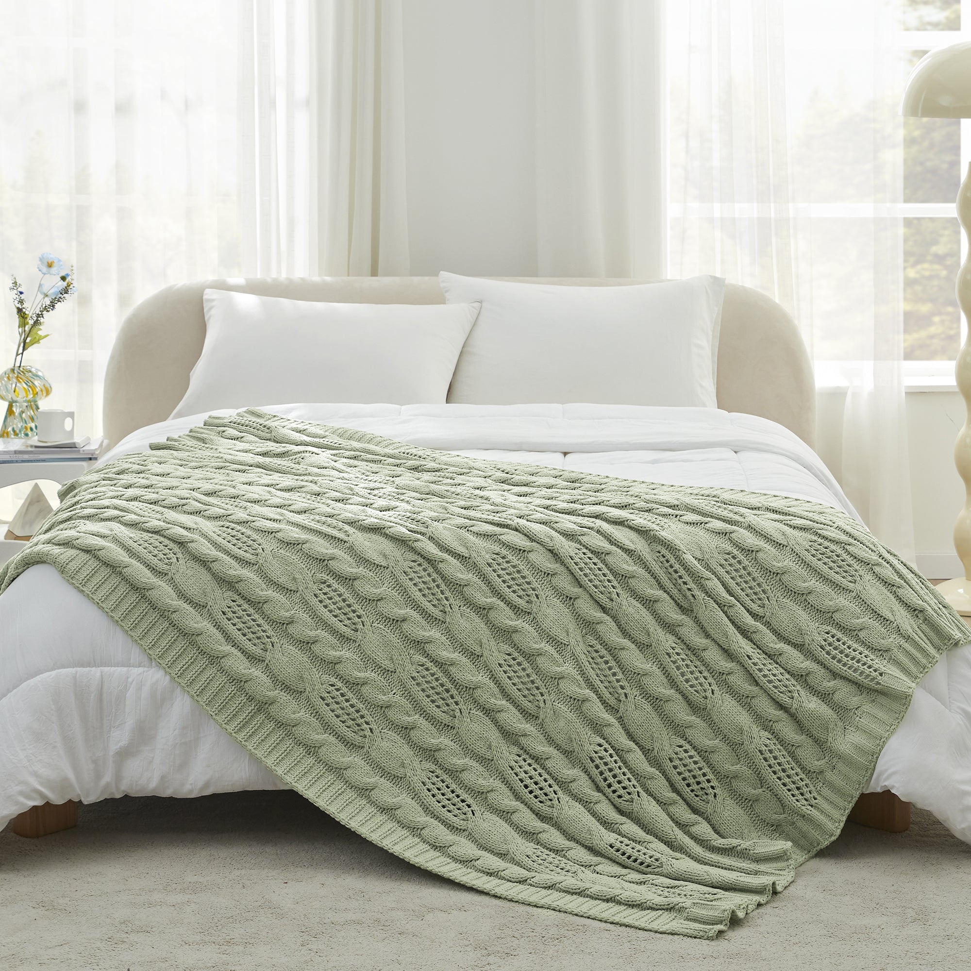 Cable Knitted Throw Blanket-Sage Green