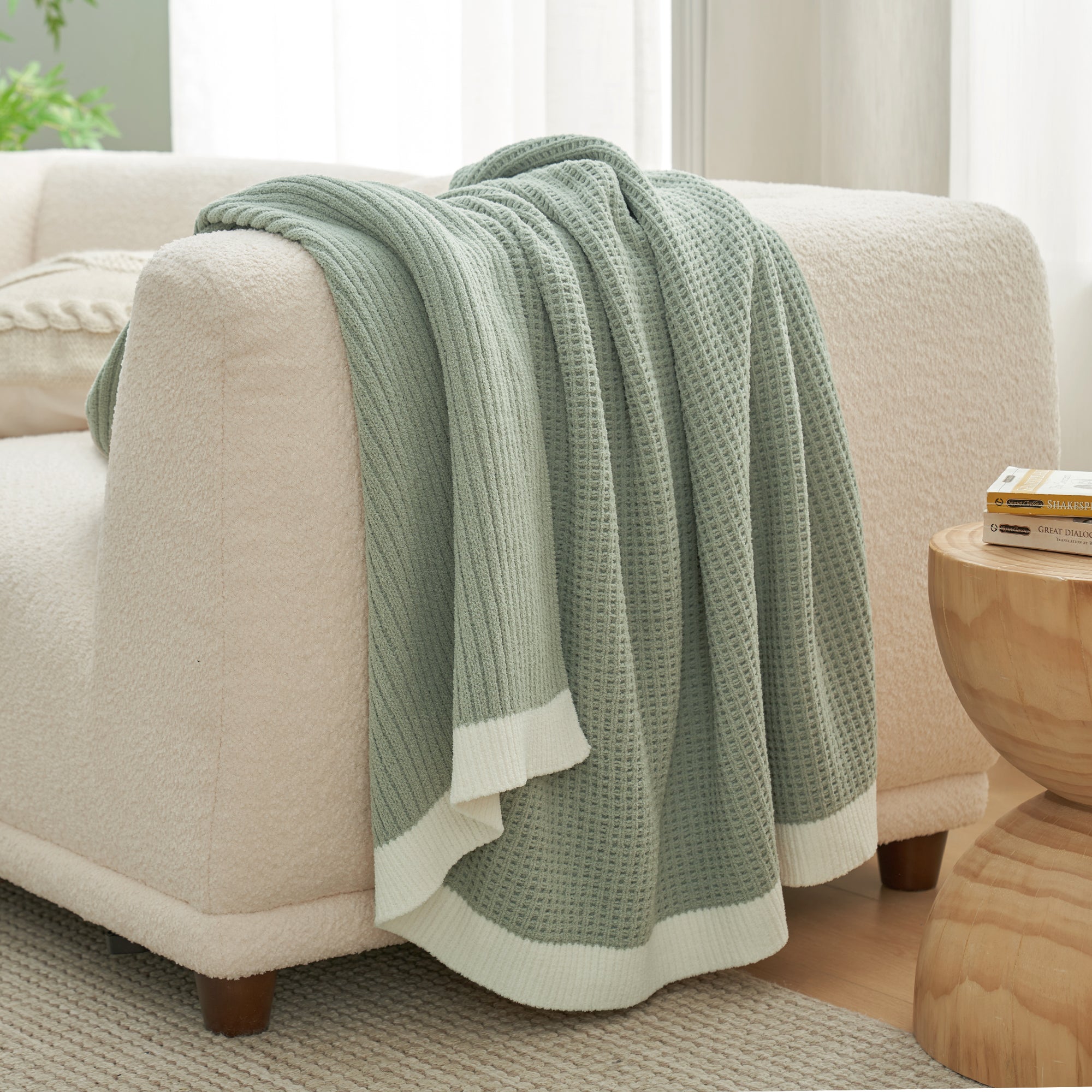 Chenille Waffle Throw Blanket-Sage Green