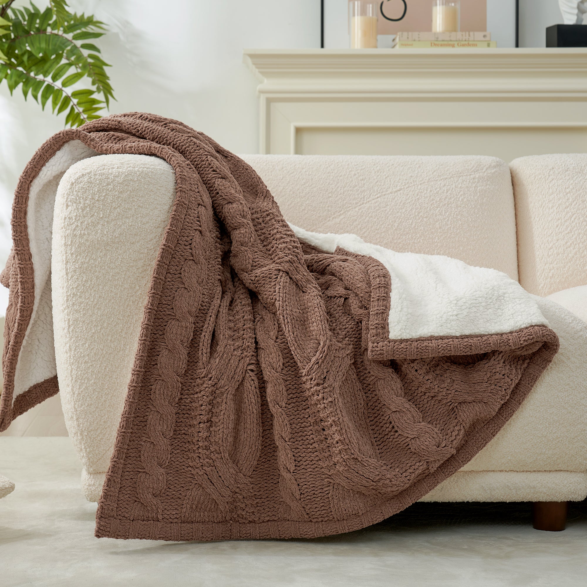 Reversible Chenille Sherpa Cable Knit Throw Blanket-Brown