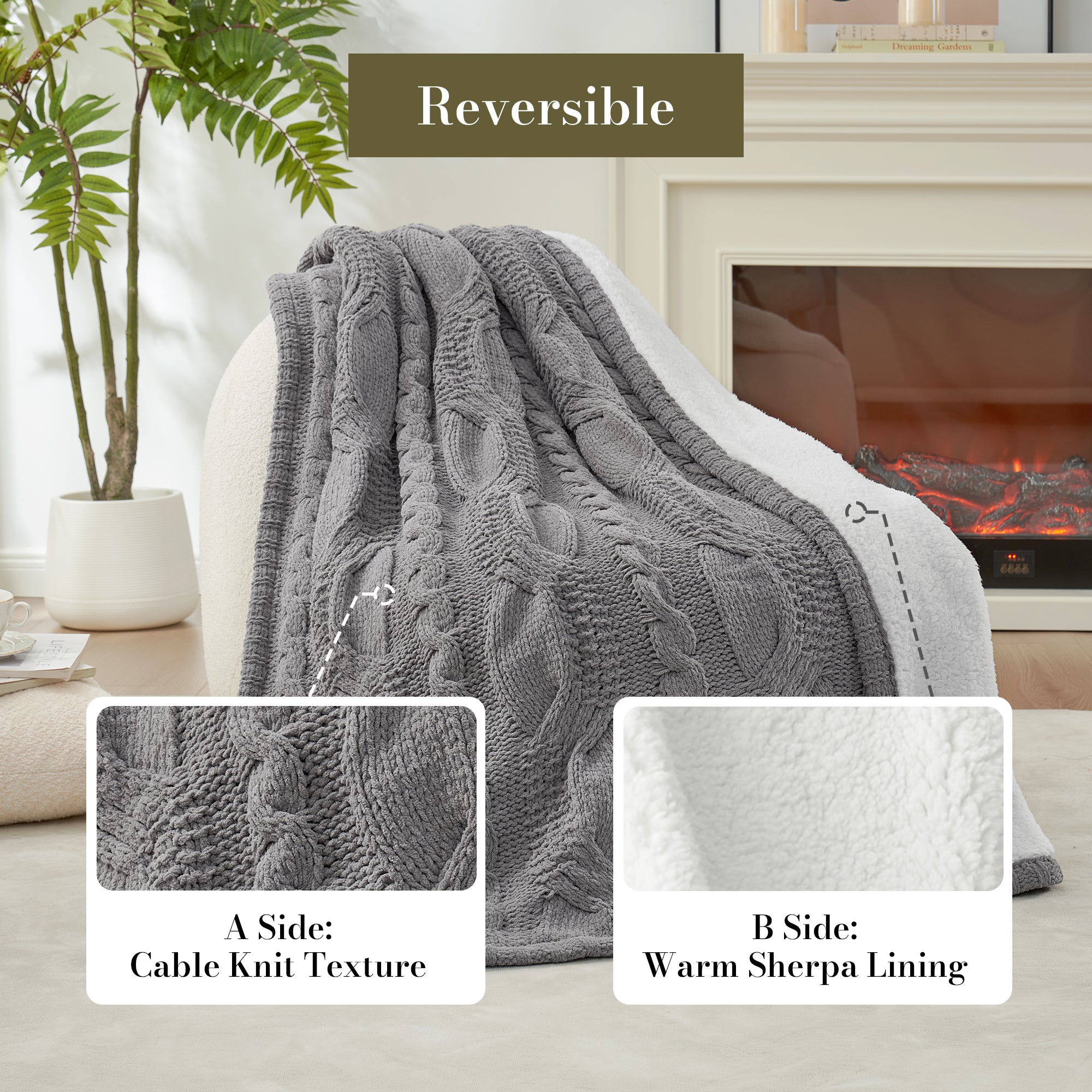 Reversible Chenille Sherpa Cable Knit Throw Blanket-Gray