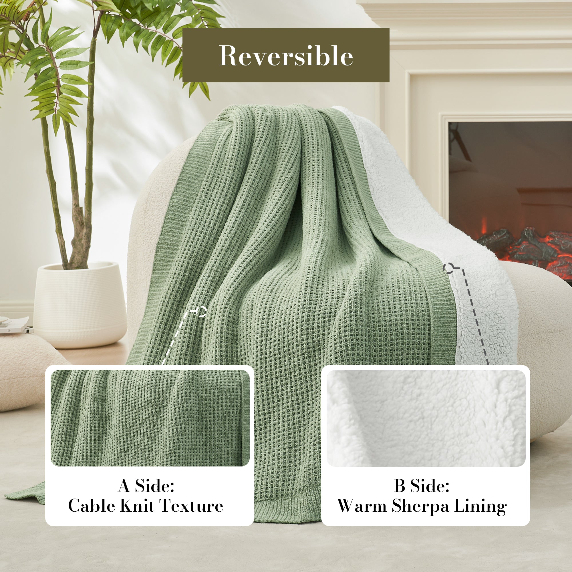 Chenille Waffle Weave Sherpa Fleece Reversible Throw Blanket-sage green