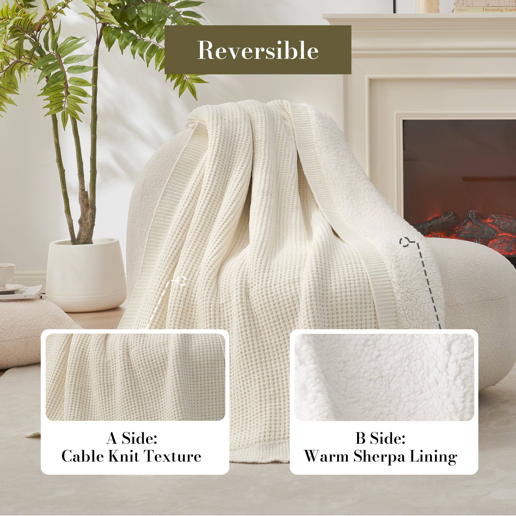 Chenille Waffle Weave Sherpa Fleece Reversible Throw Blanket-ivory