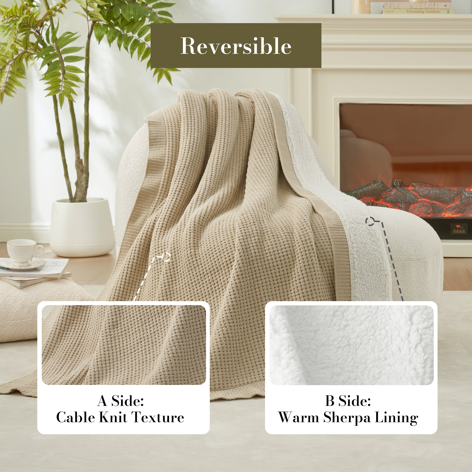 Chenille Waffle Weave Sherpa Fleece Reversible Throw Blanket-Beige