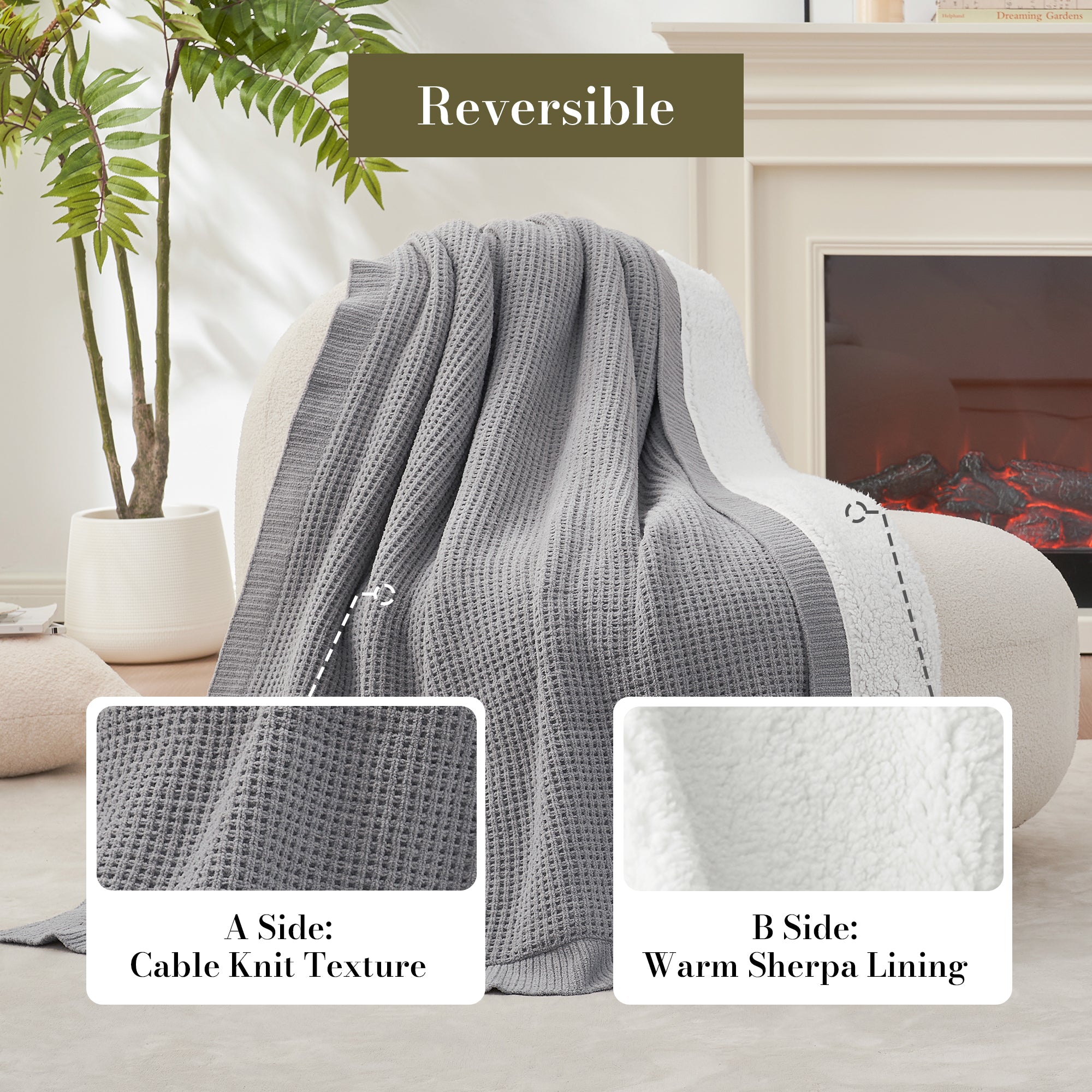 Chenille Waffle Weave Sherpa Fleece Reversible Throw Blanket-grey